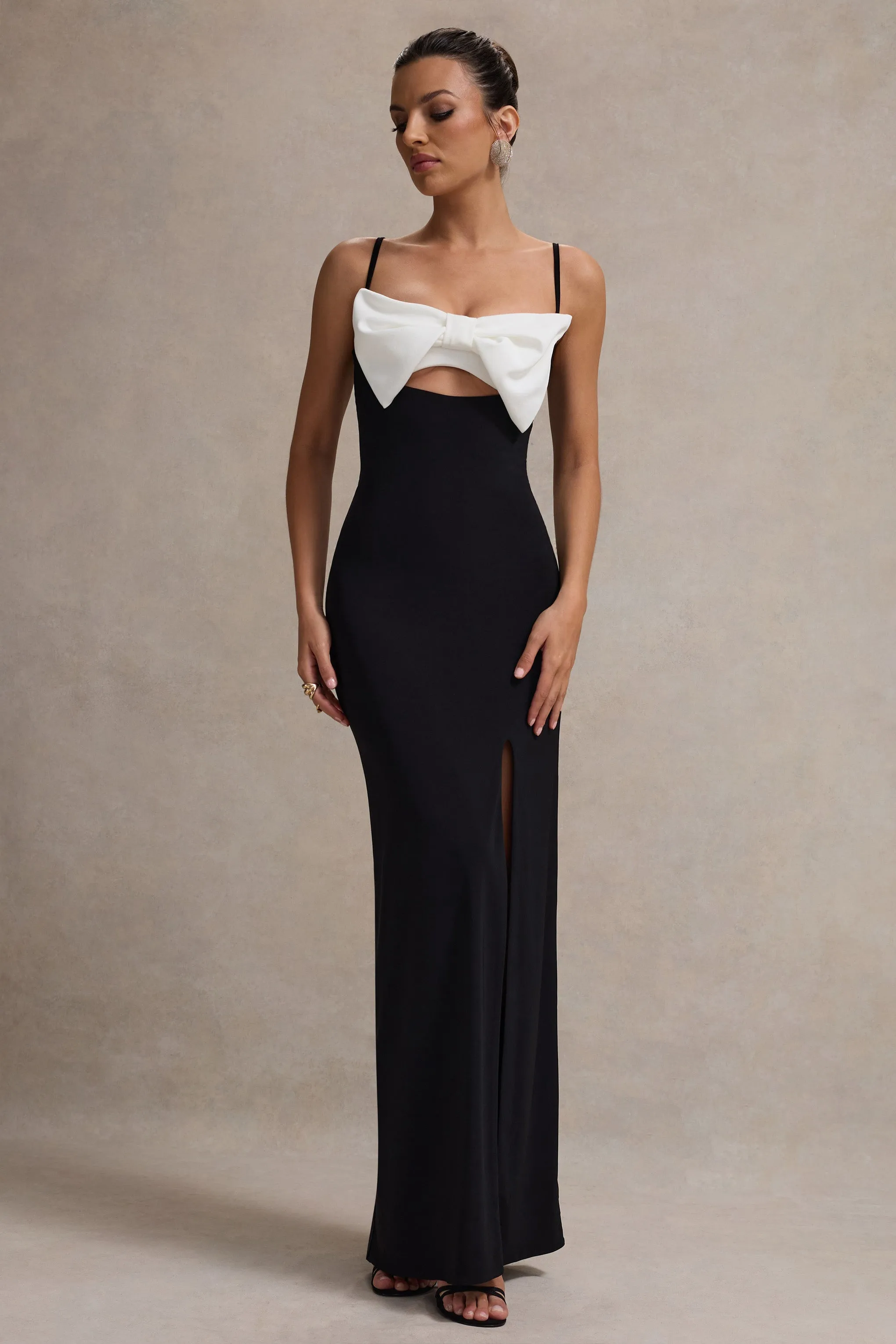 Emmalou | Black & White Strappy Split Maxi Dress With Bow Club L London