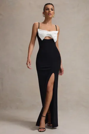 Emmalou | Black & White Strappy Split Maxi Dress With Bow Club L London