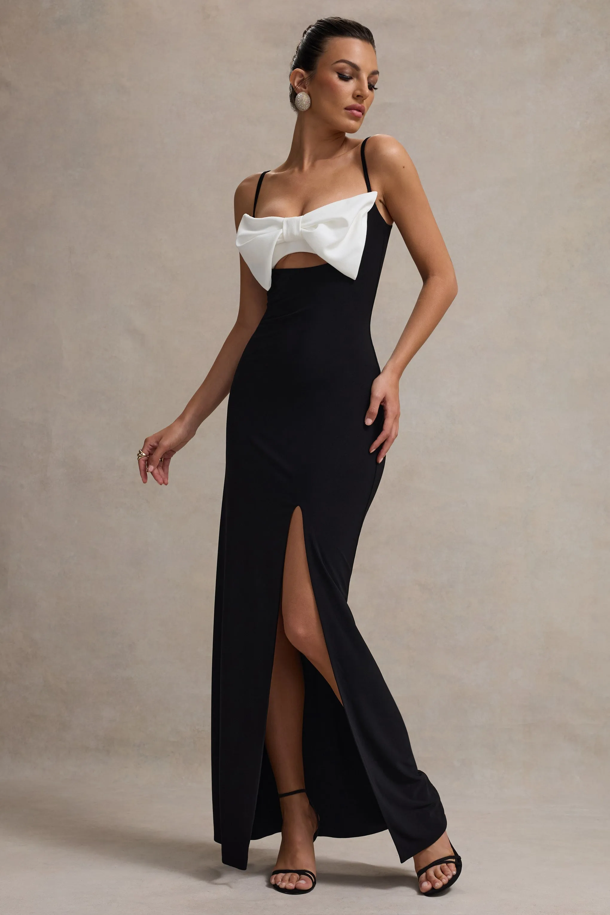 Emmalou | Black & White Strappy Split Maxi Dress With Bow Club L London