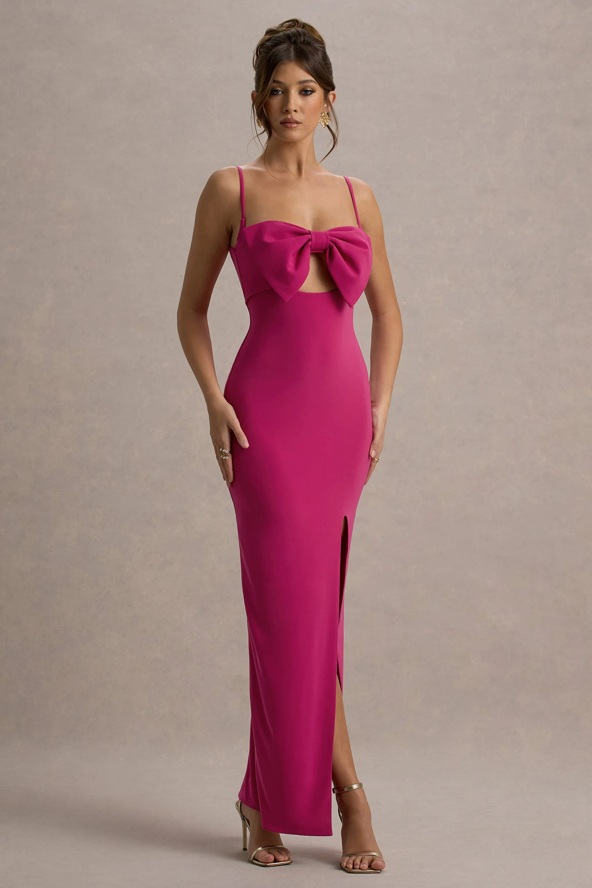 Emmalou | Hot Pink Strappy Split Maxi Dress With Bow Club L London