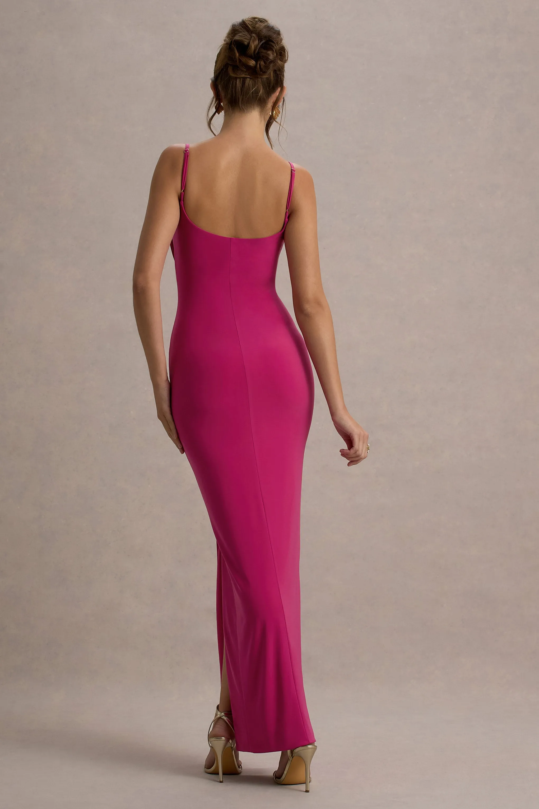 Emmalou | Hot Pink Strappy Split Maxi Dress With Bow Club L London