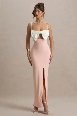 Emmalou | Pink & White Strappy Split Maxi Dress With Bow Club L London