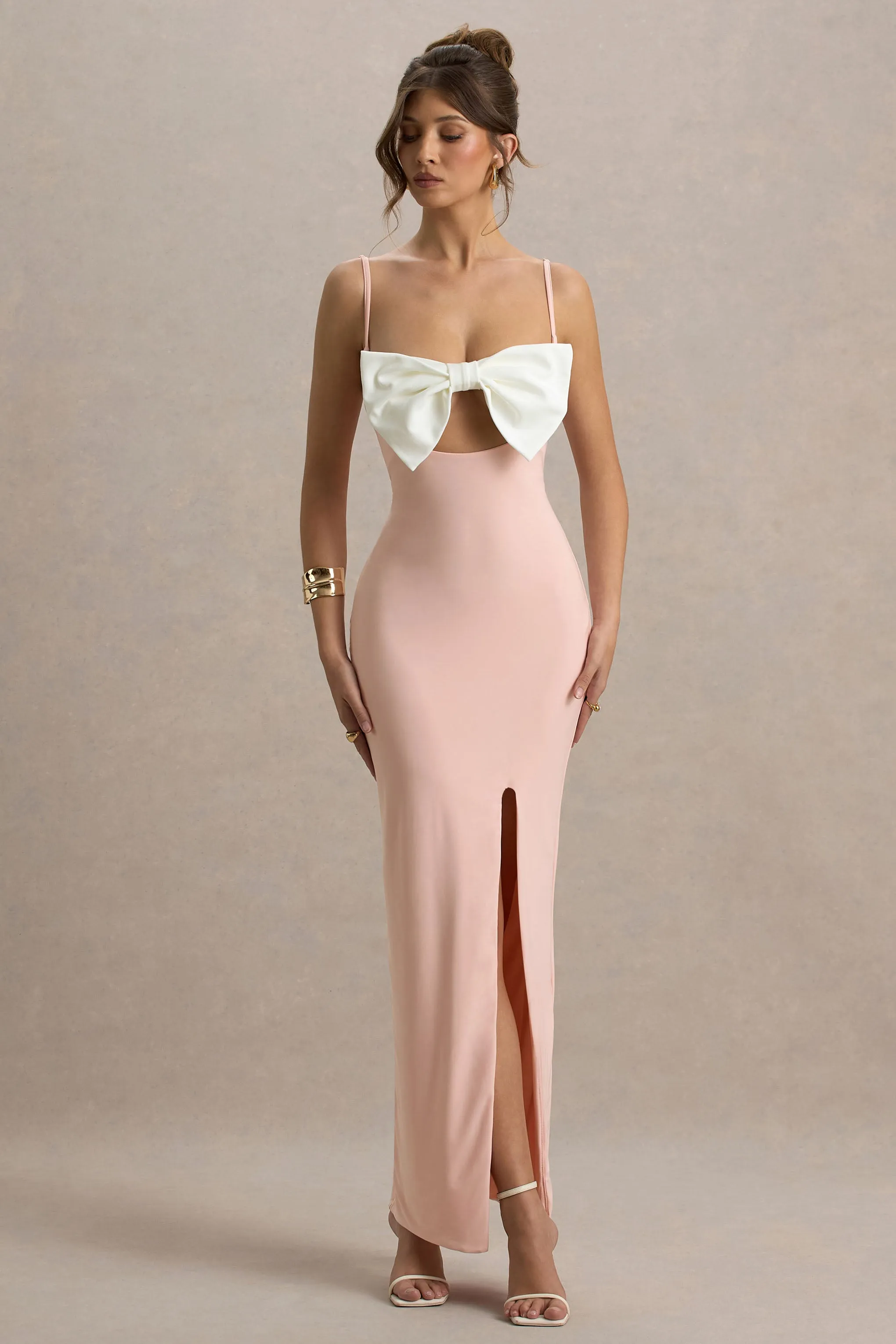 Emmalou | Pink & White Strappy Split Maxi Dress With Bow Club L London