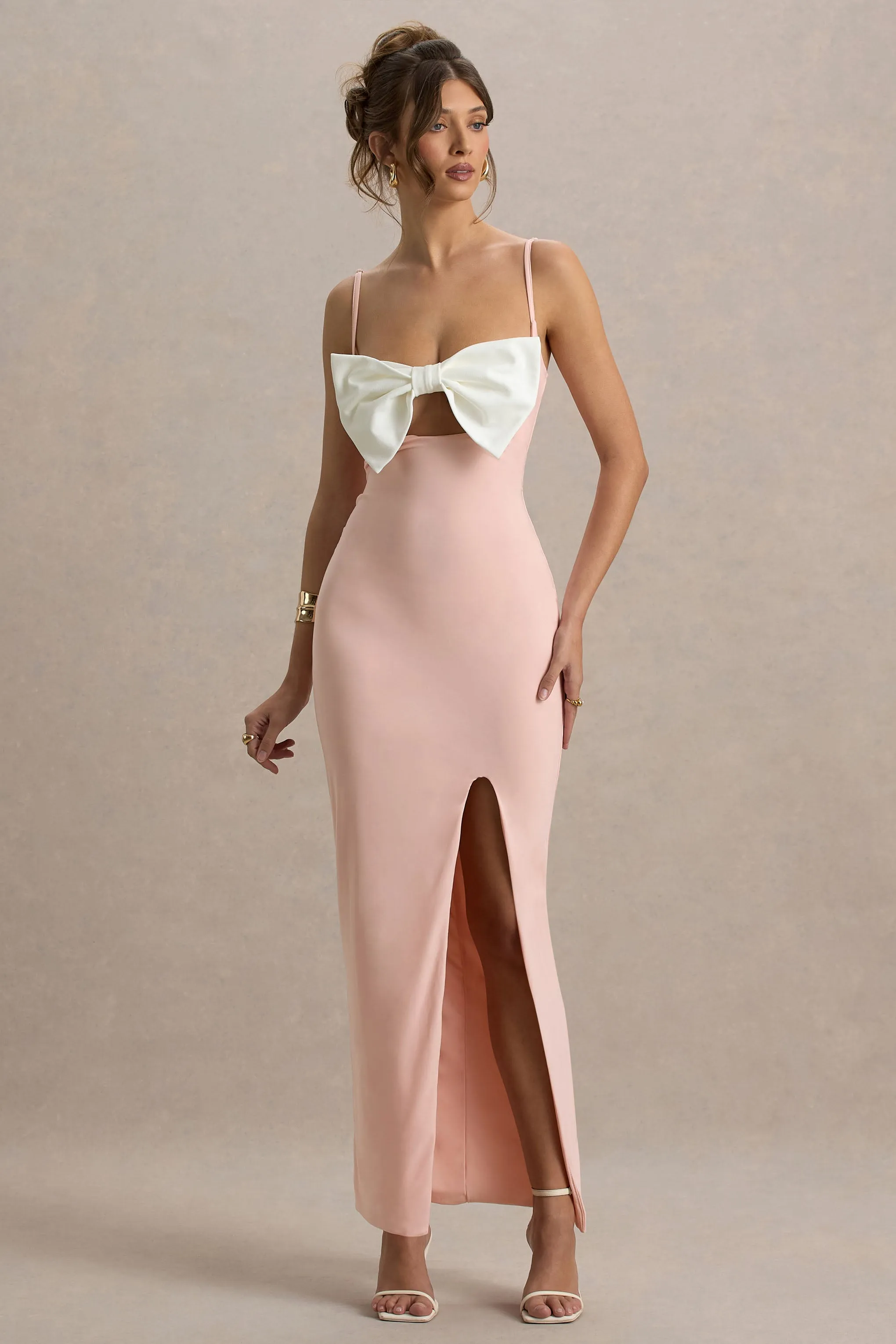 Emmalou | Pink & White Strappy Split Maxi Dress With Bow Club L London