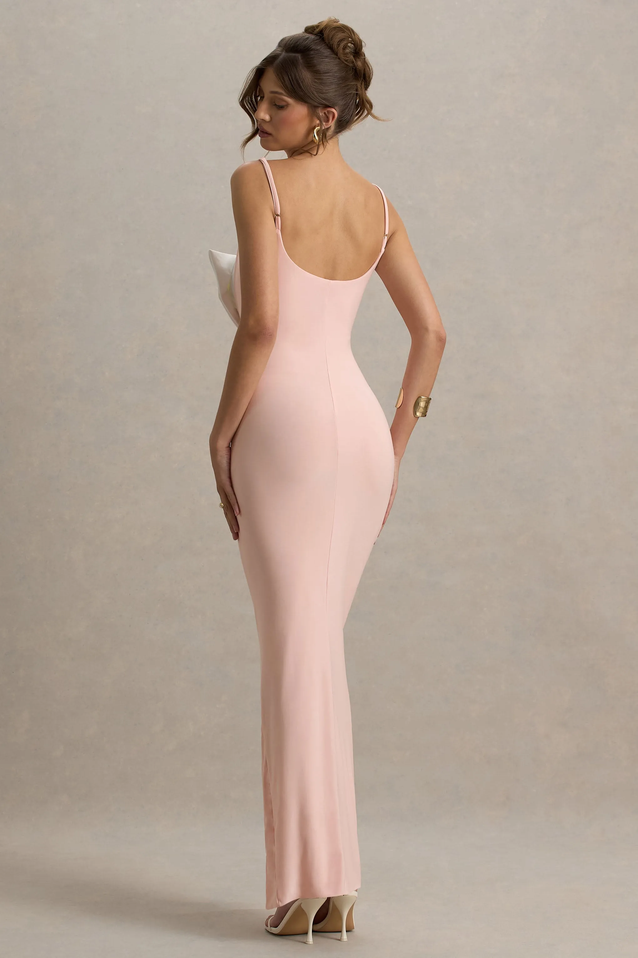 Emmalou | Pink & White Strappy Split Maxi Dress With Bow Club L London