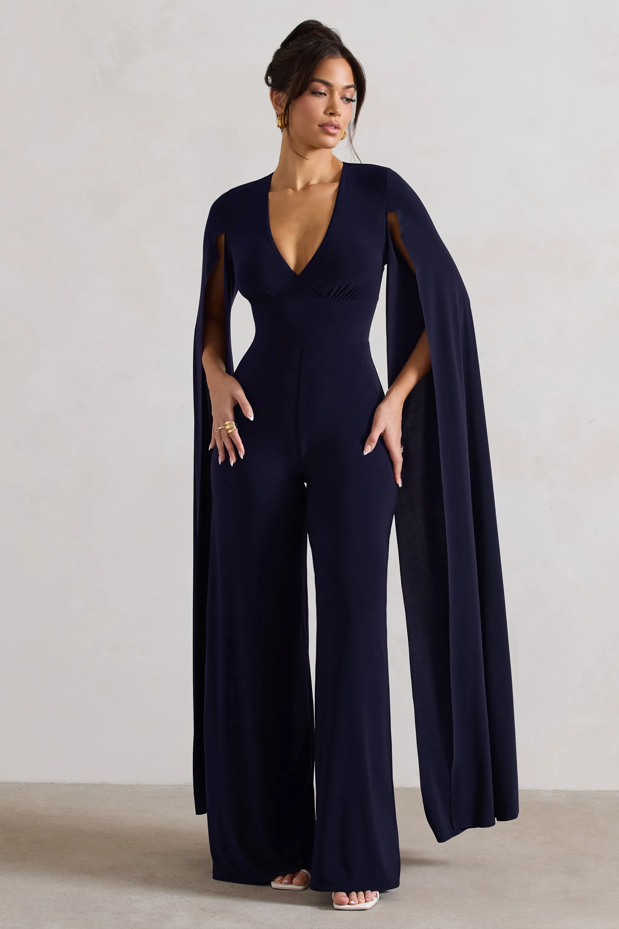 Emmanuela | Navy Plunge-Neck Wide-Leg Jumpsuit With Cape Sleeves Club L London
