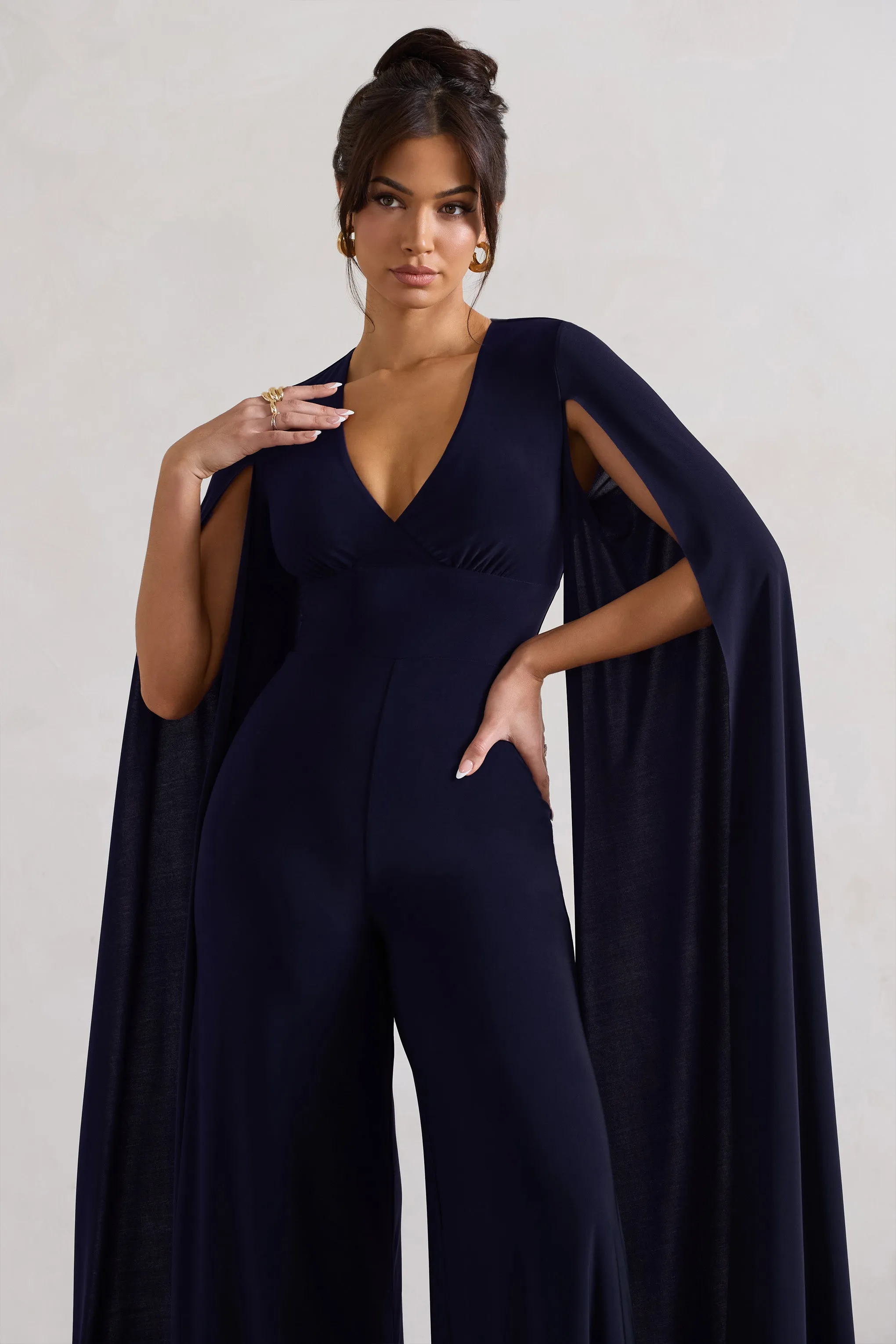 Emmanuela | Navy Plunge-Neck Wide-Leg Jumpsuit With Cape Sleeves Club L London