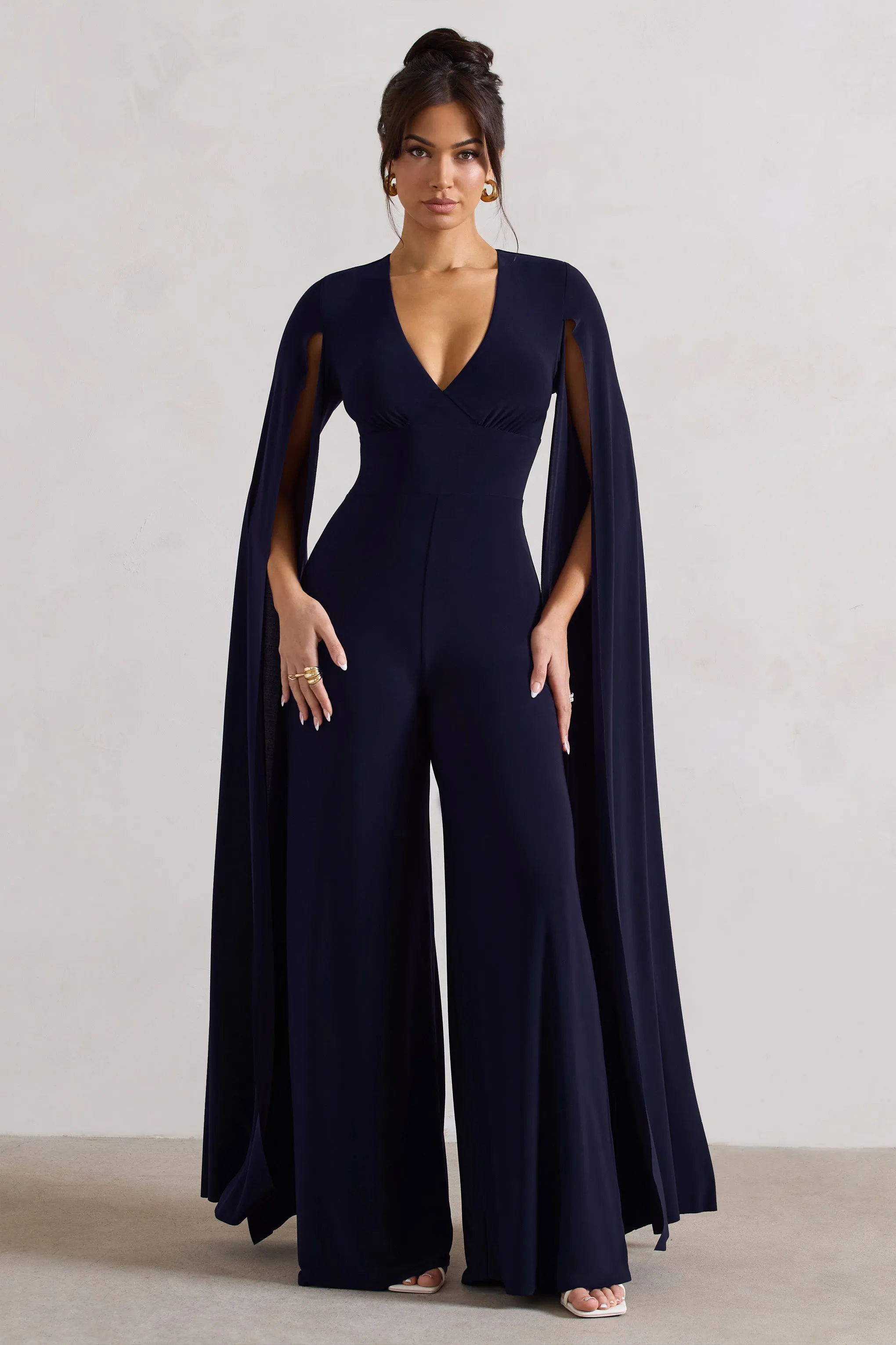 Emmanuela | Navy Plunge-Neck Wide-Leg Jumpsuit With Cape Sleeves Club L London