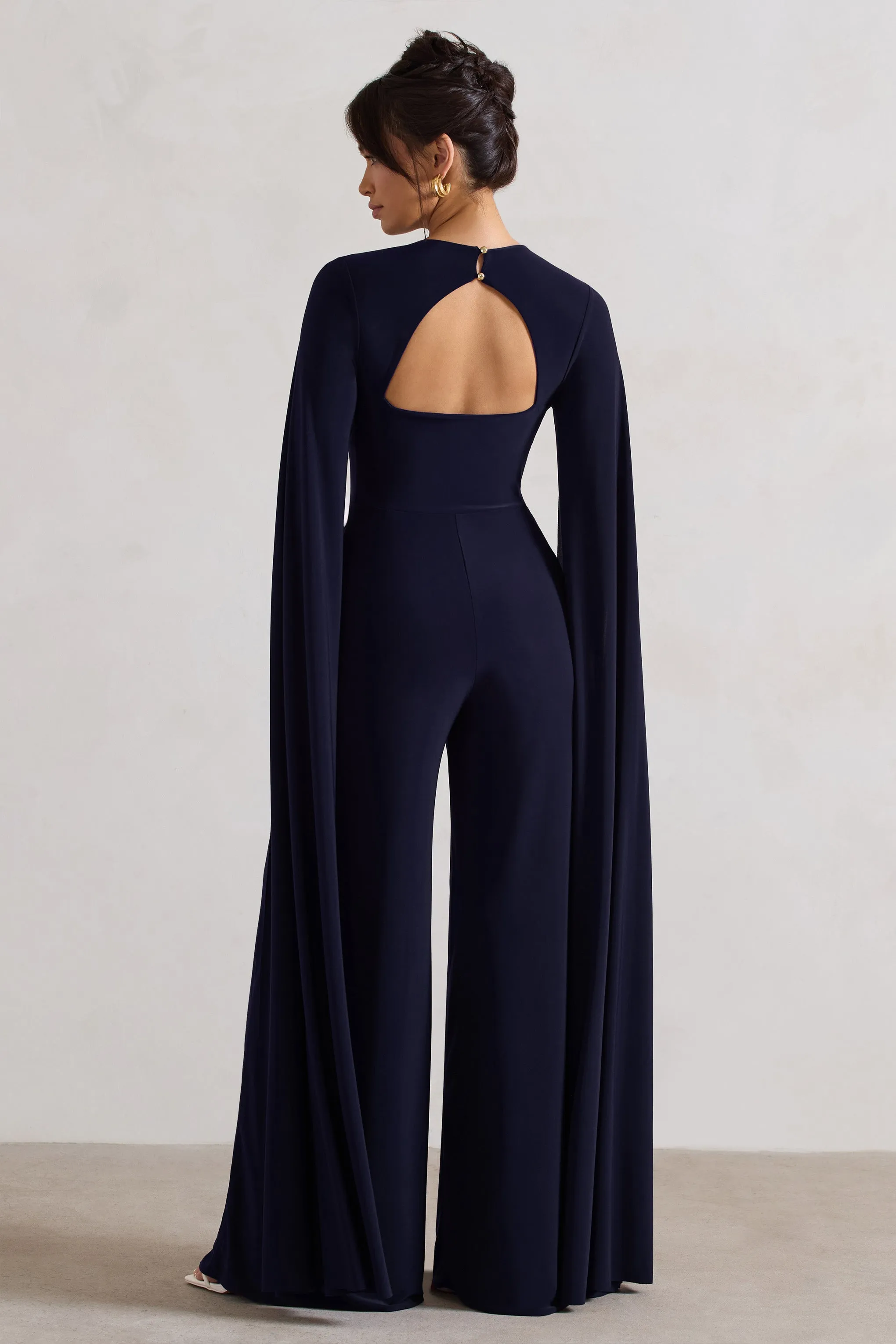 Emmanuela | Navy Plunge-Neck Wide-Leg Jumpsuit With Cape Sleeves Club L London