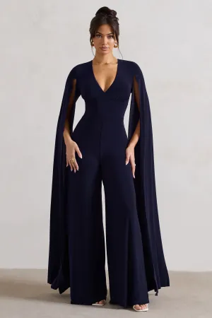 Emmanuela | Navy Plunge-Neck Wide-Leg Jumpsuit With Cape Sleeves Club L London