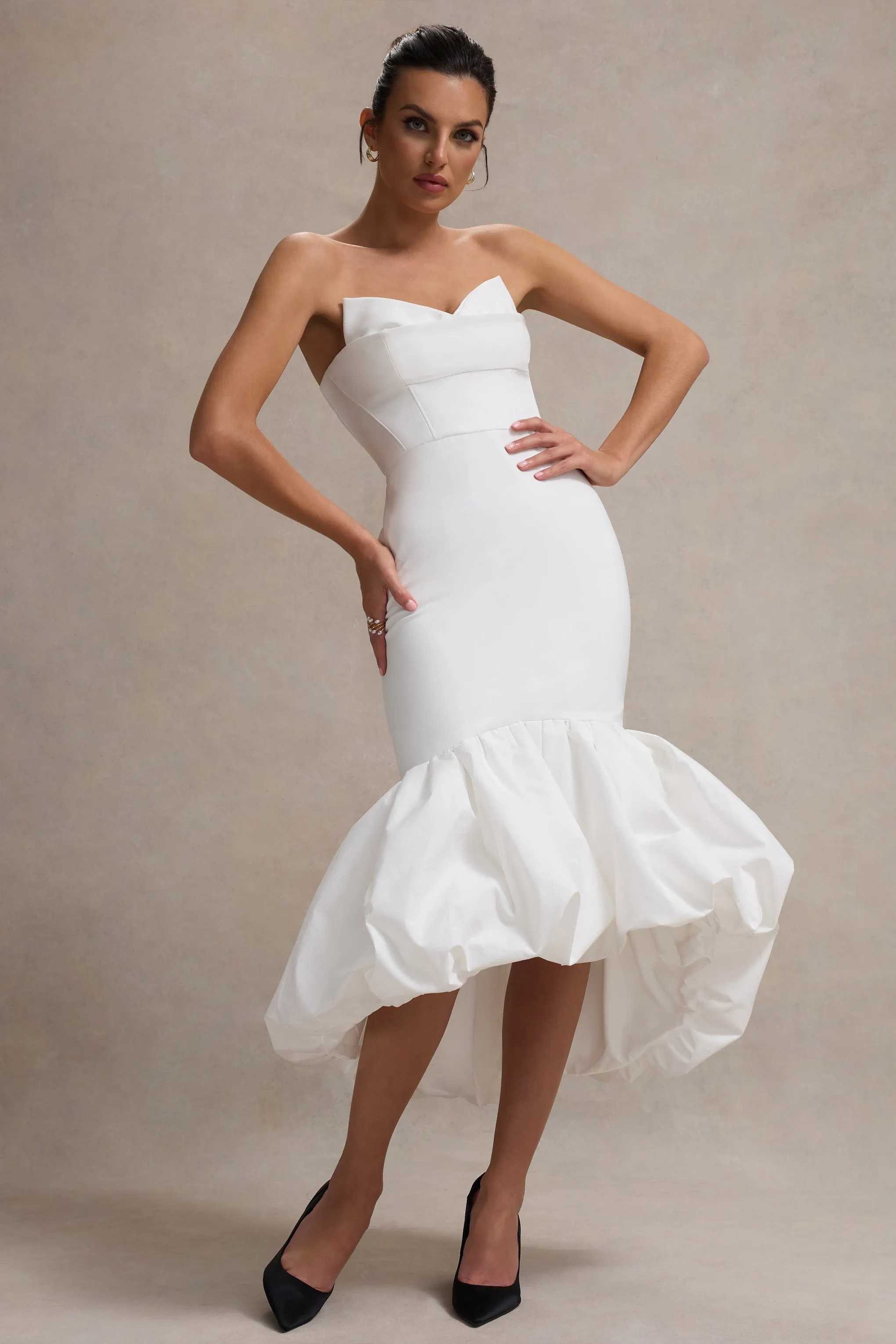 Emmelina | White Corset Maxi Dress With Volume Hem Club L London