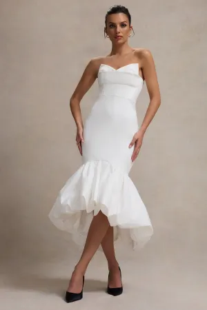 Emmelina | White Corset Maxi Dress With Volume Hem Club L London
