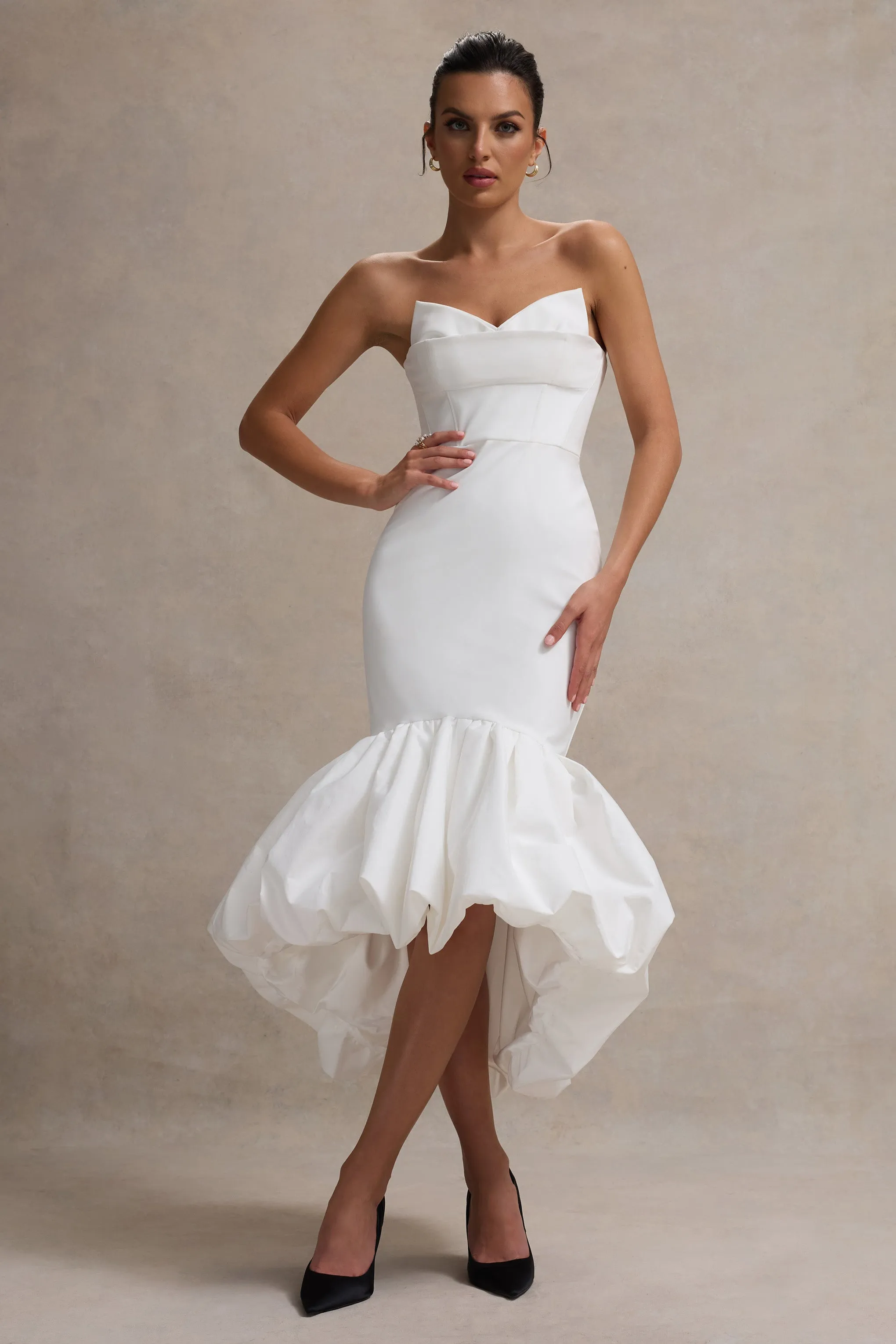 Emmelina | White Corset Maxi Dress With Volume Hem Club L London
