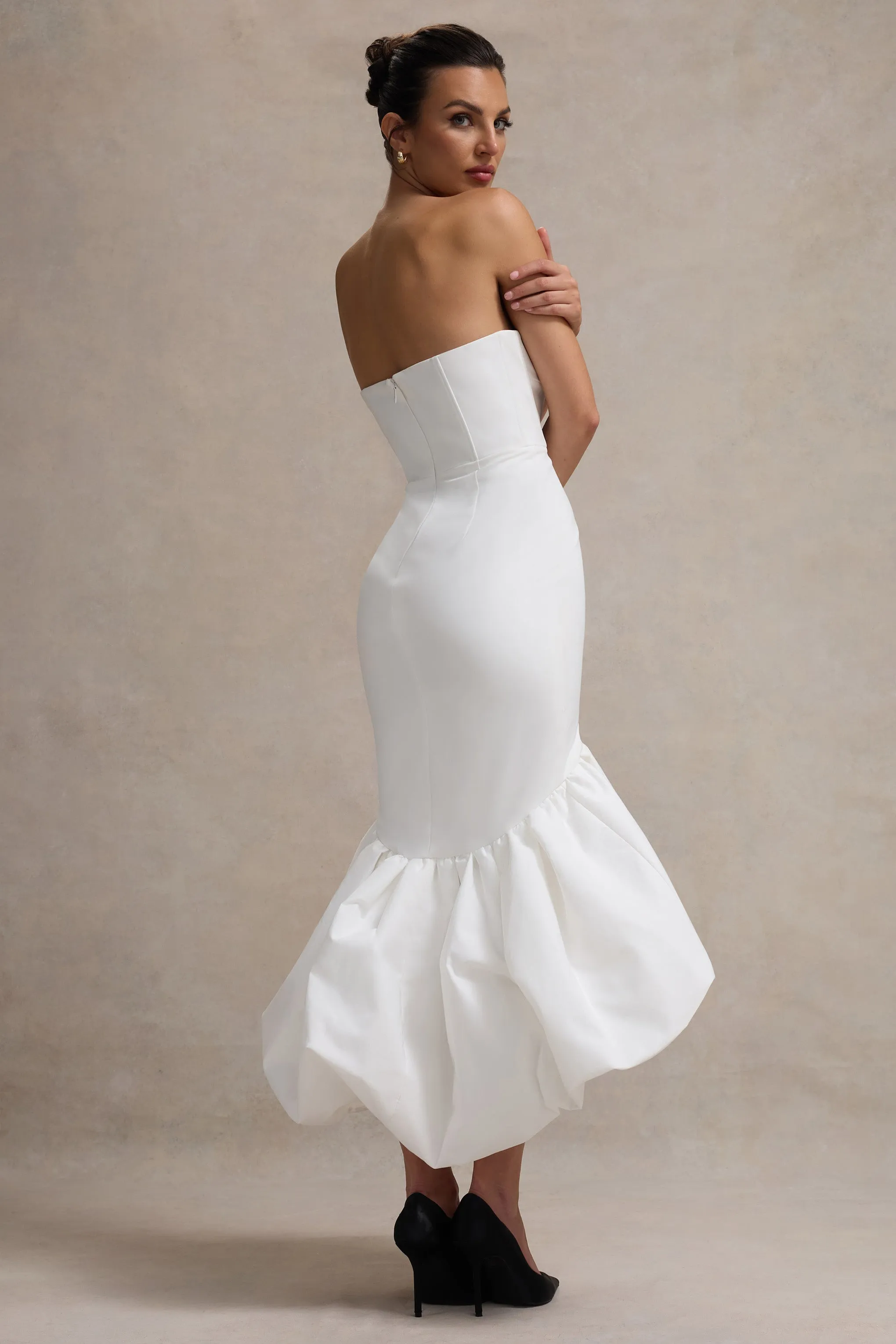 Emmelina | White Corset Maxi Dress With Volume Hem Club L London