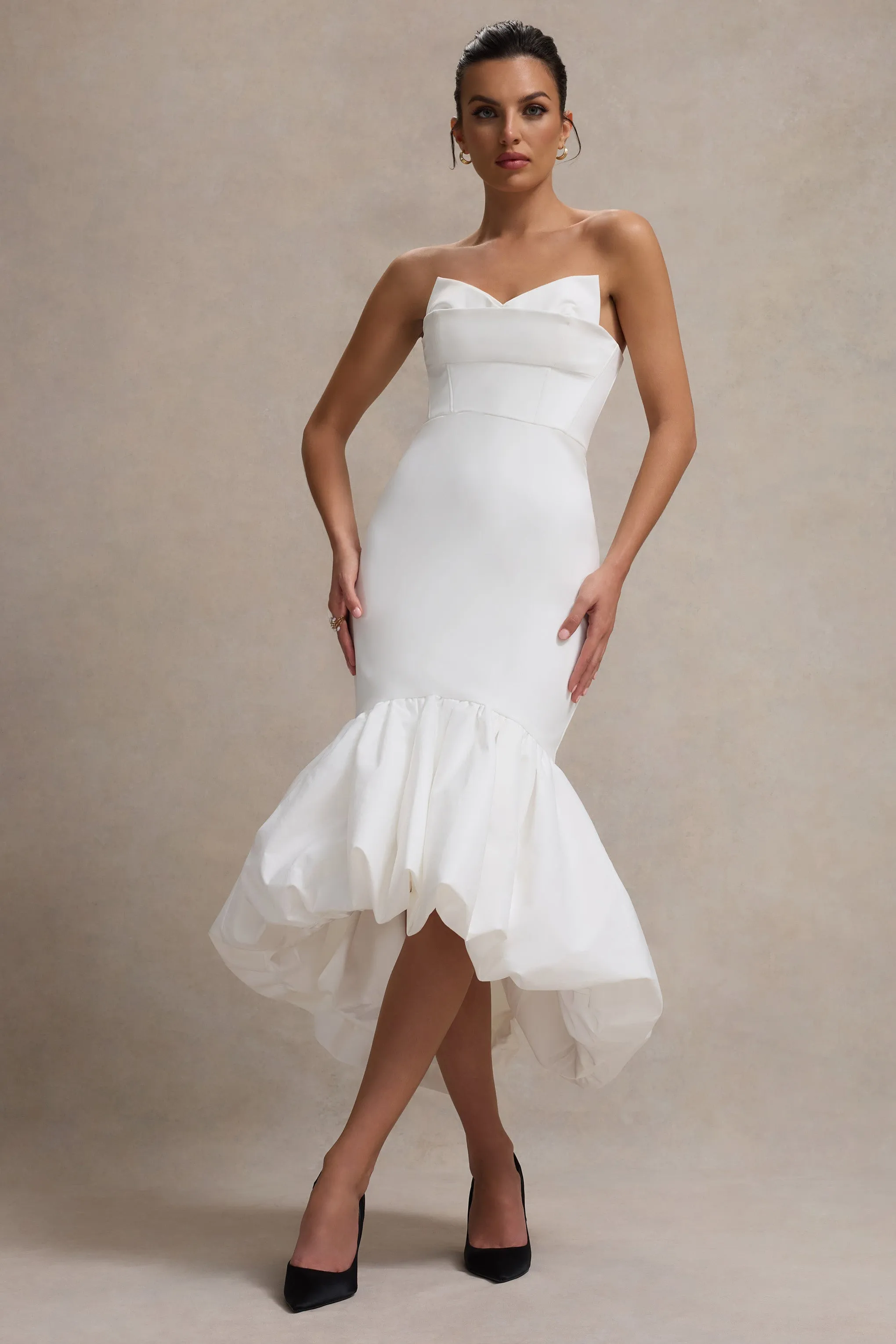 Emmelina | White Corset Maxi Dress With Volume Hem Club L London