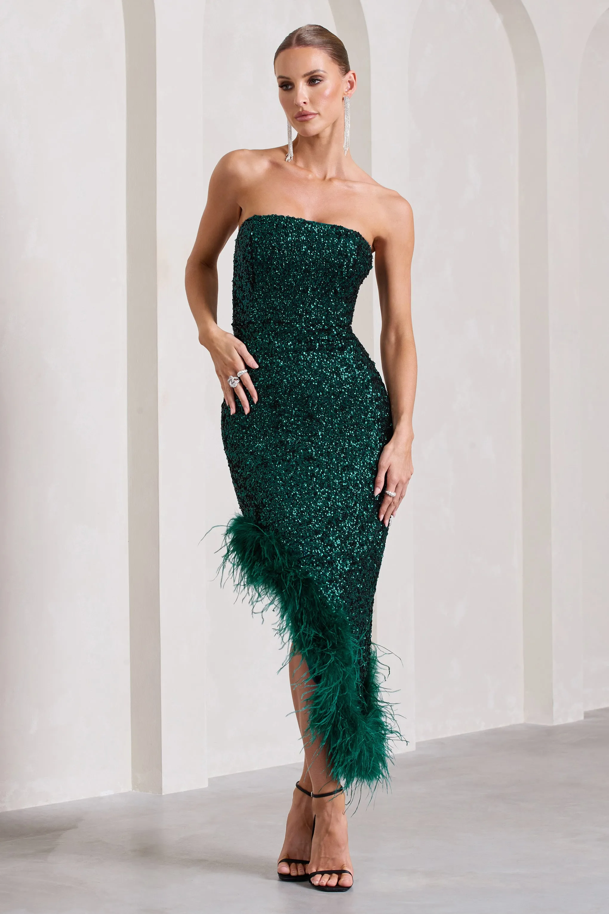 Emulate | Bottle Green Sequin Asymmetric Bandeau Maxi Dress With Feathers Club L London