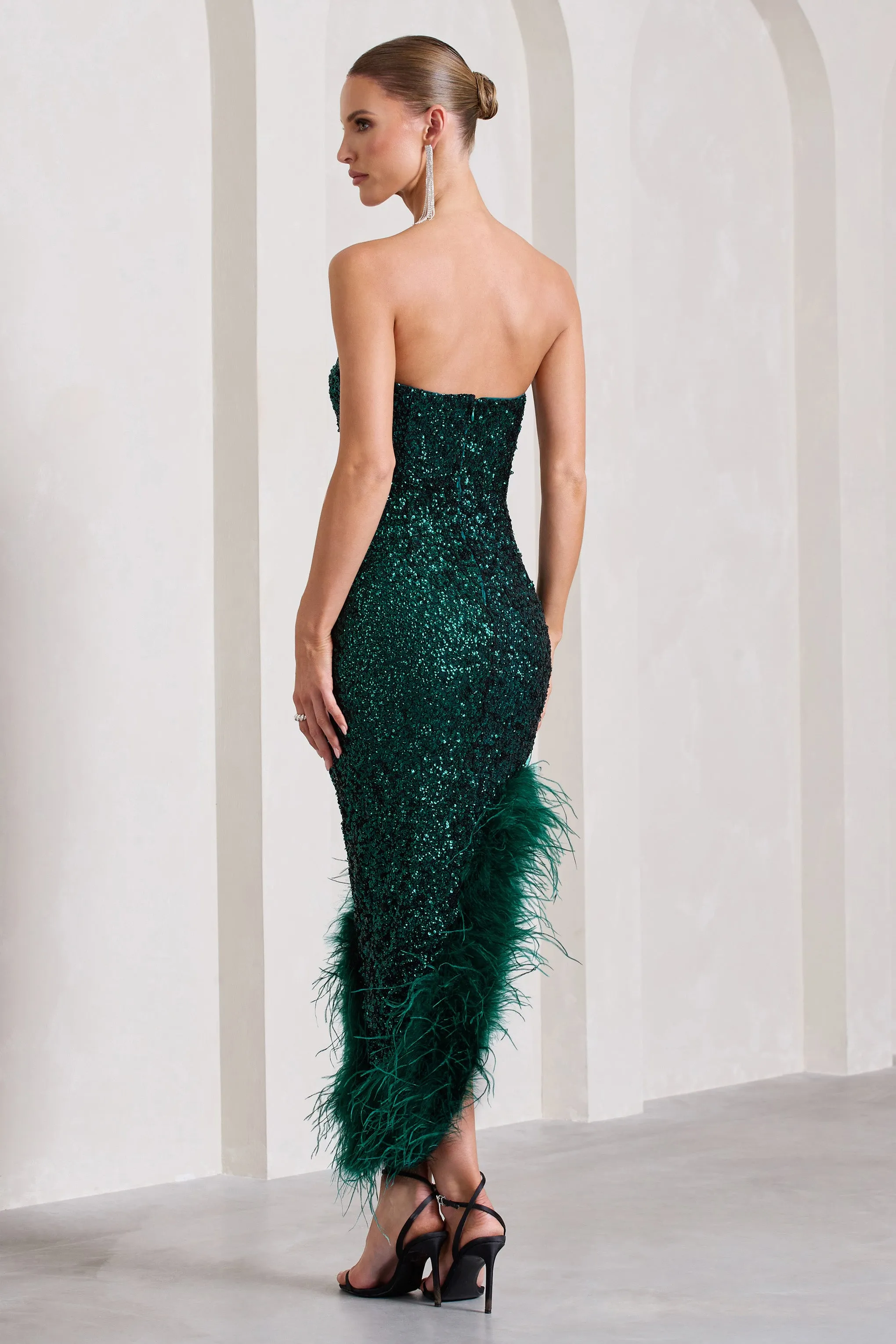 Emulate | Bottle Green Sequin Asymmetric Bandeau Maxi Dress With Feathers Club L London