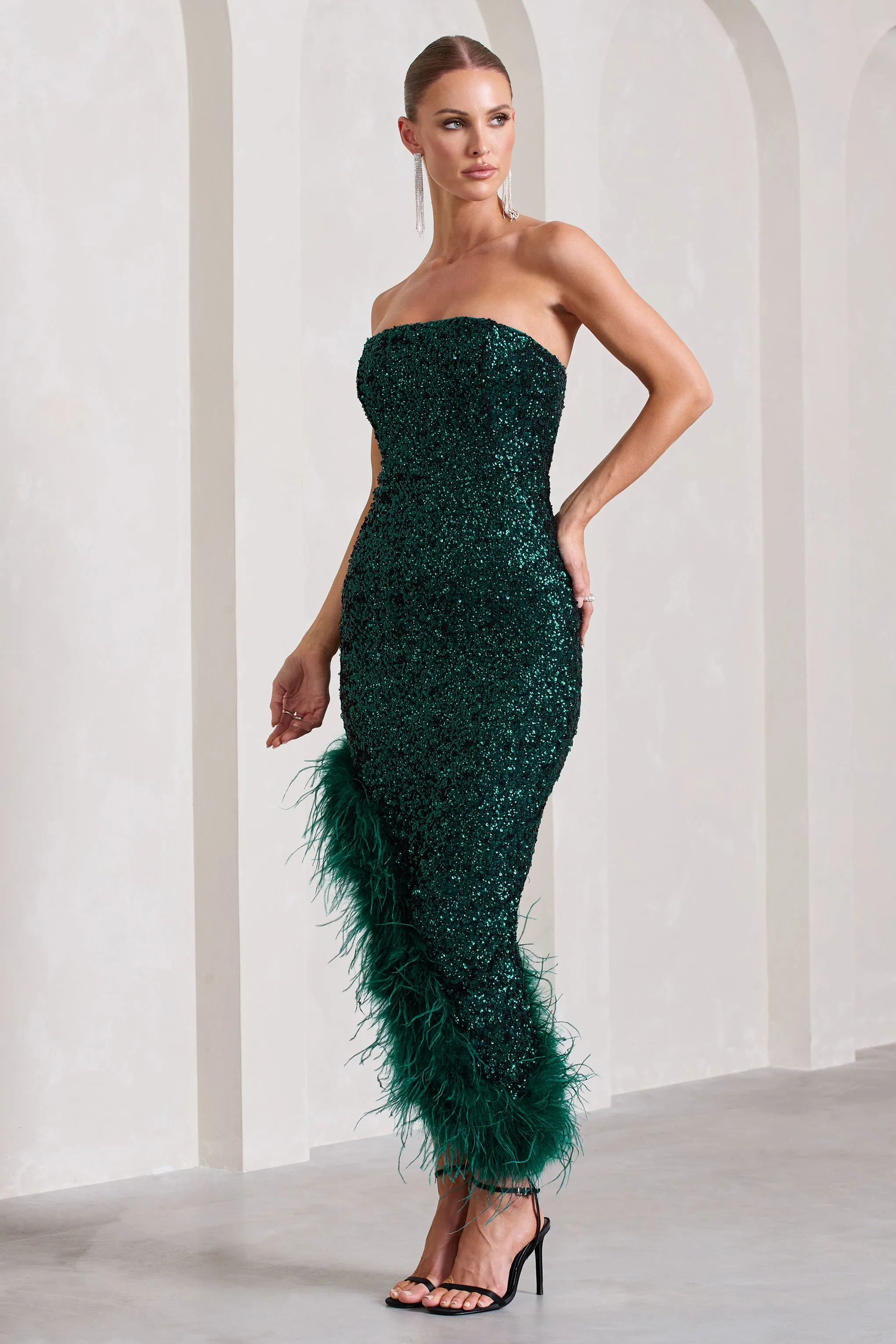 Emulate | Bottle Green Sequin Asymmetric Bandeau Maxi Dress With Feathers Club L London
