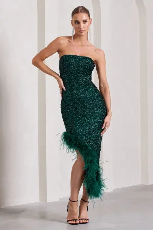 Emulate | Bottle Green Sequin Asymmetric Bandeau Maxi Dress With Feathers Club L London
