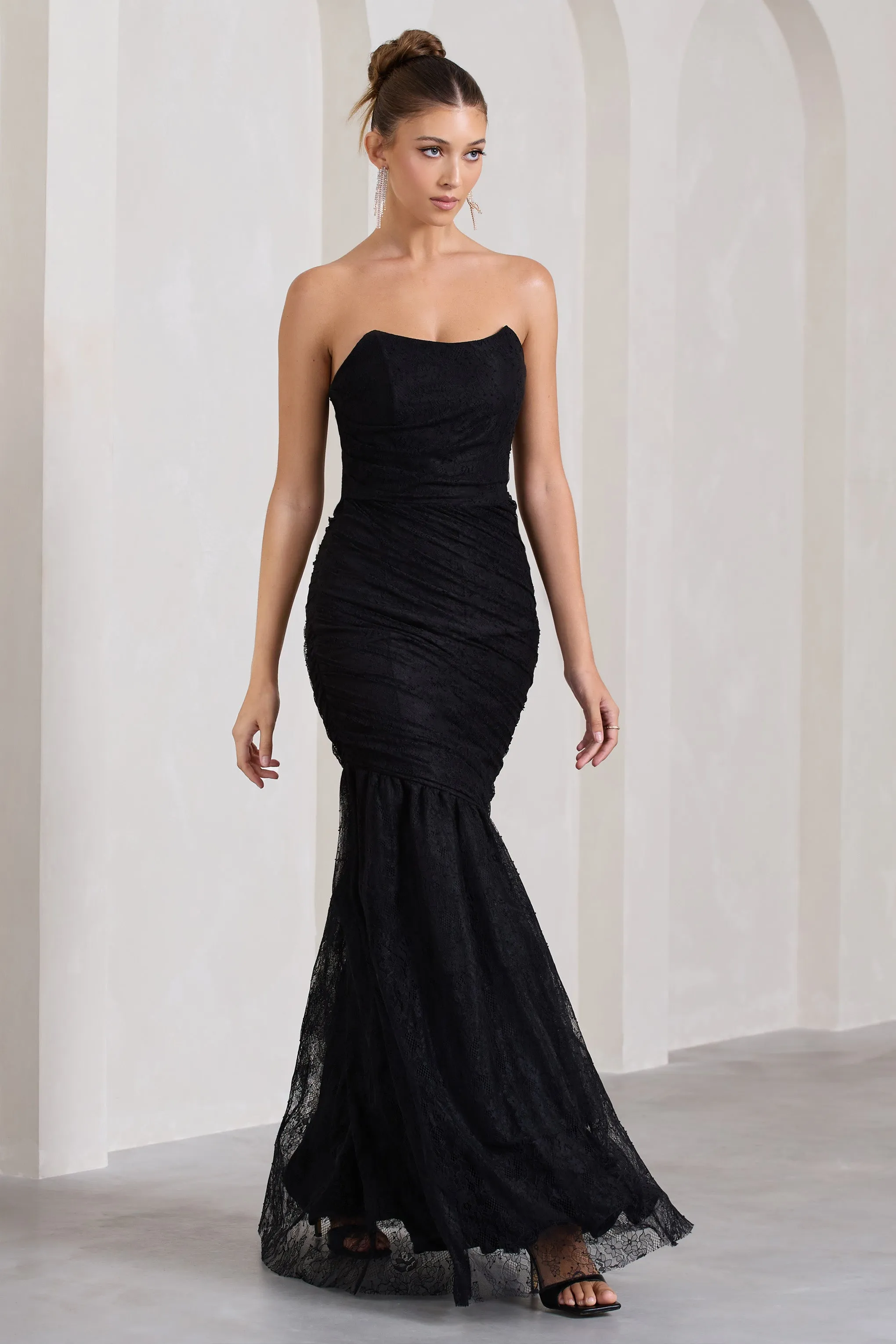 Encapsulate | Black Lace Ruched Strapless Fishtail Maxi Dress Club L London