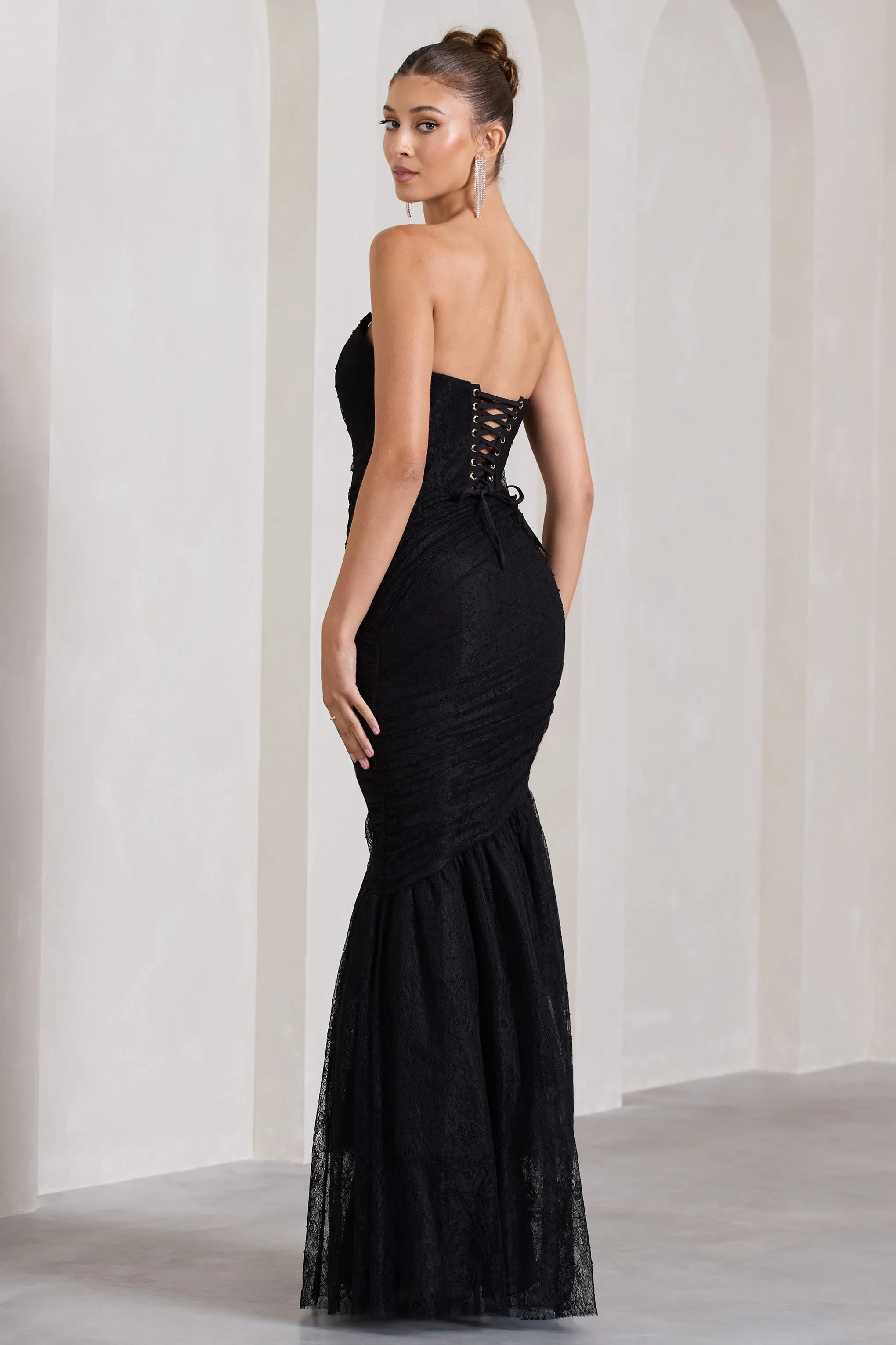 Encapsulate | Black Lace Ruched Strapless Fishtail Maxi Dress Club L London