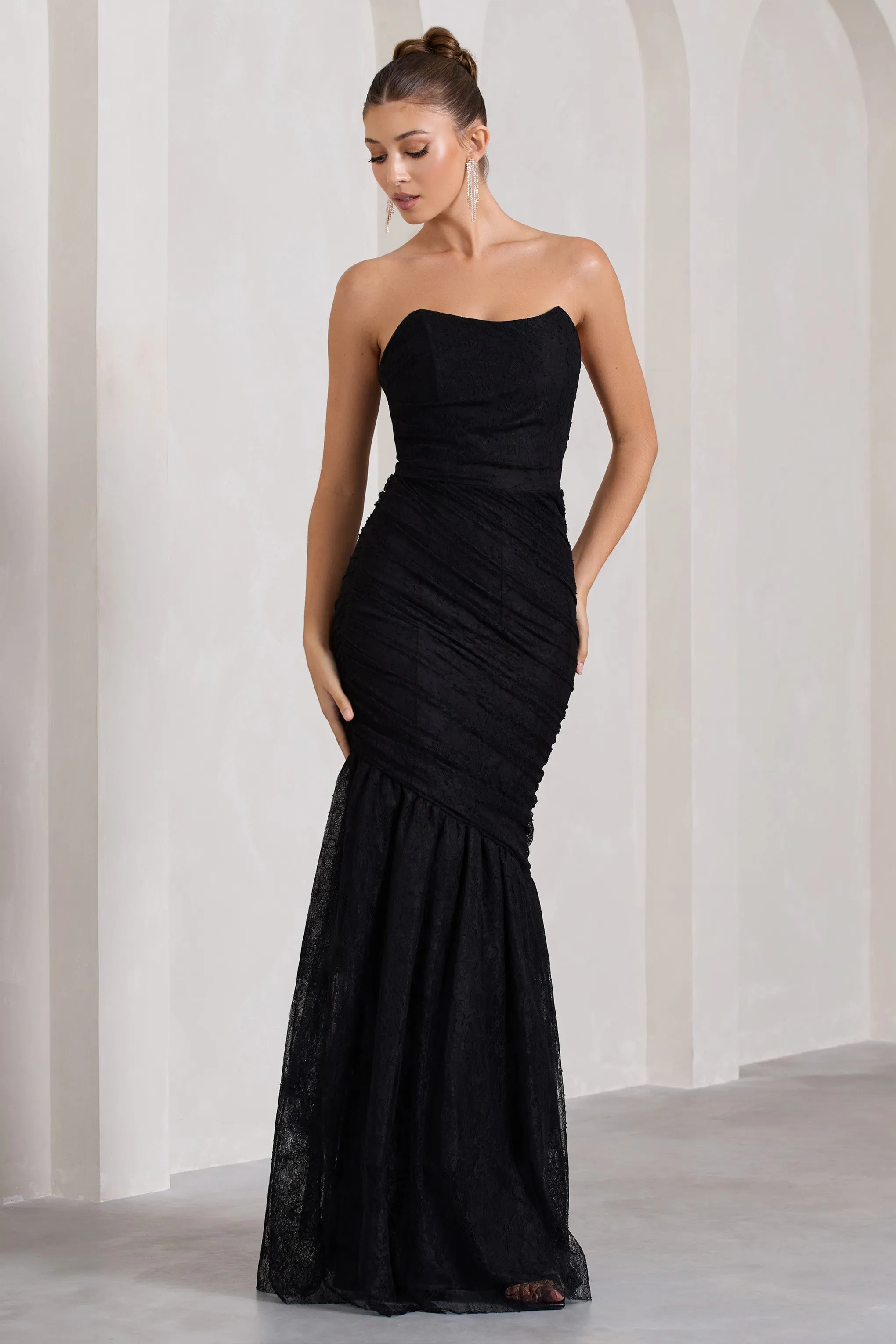 Encapsulate | Black Lace Ruched Strapless Fishtail Maxi Dress Club L London
