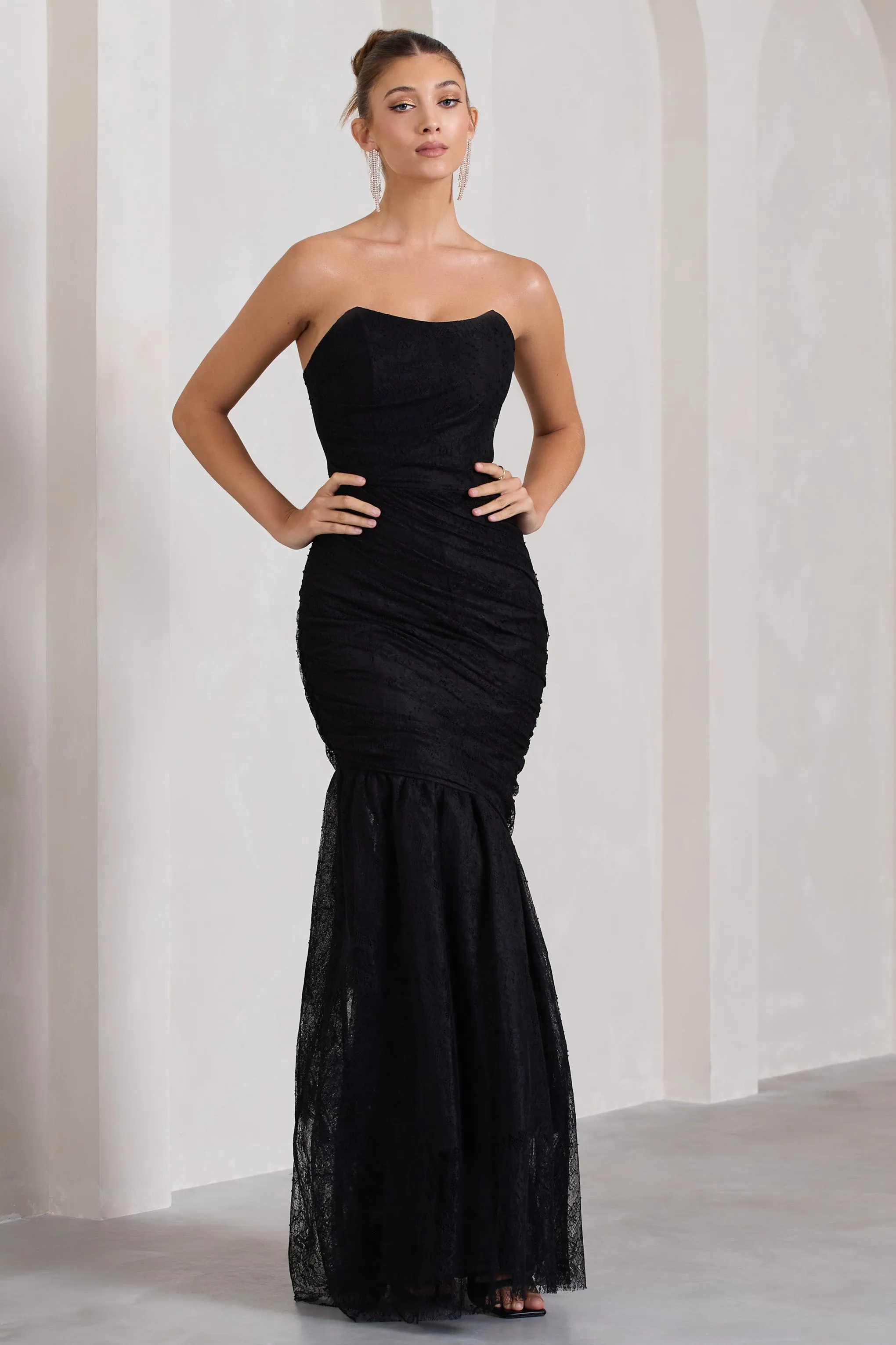 Encapsulate | Black Lace Ruched Strapless Fishtail Maxi Dress Club L London