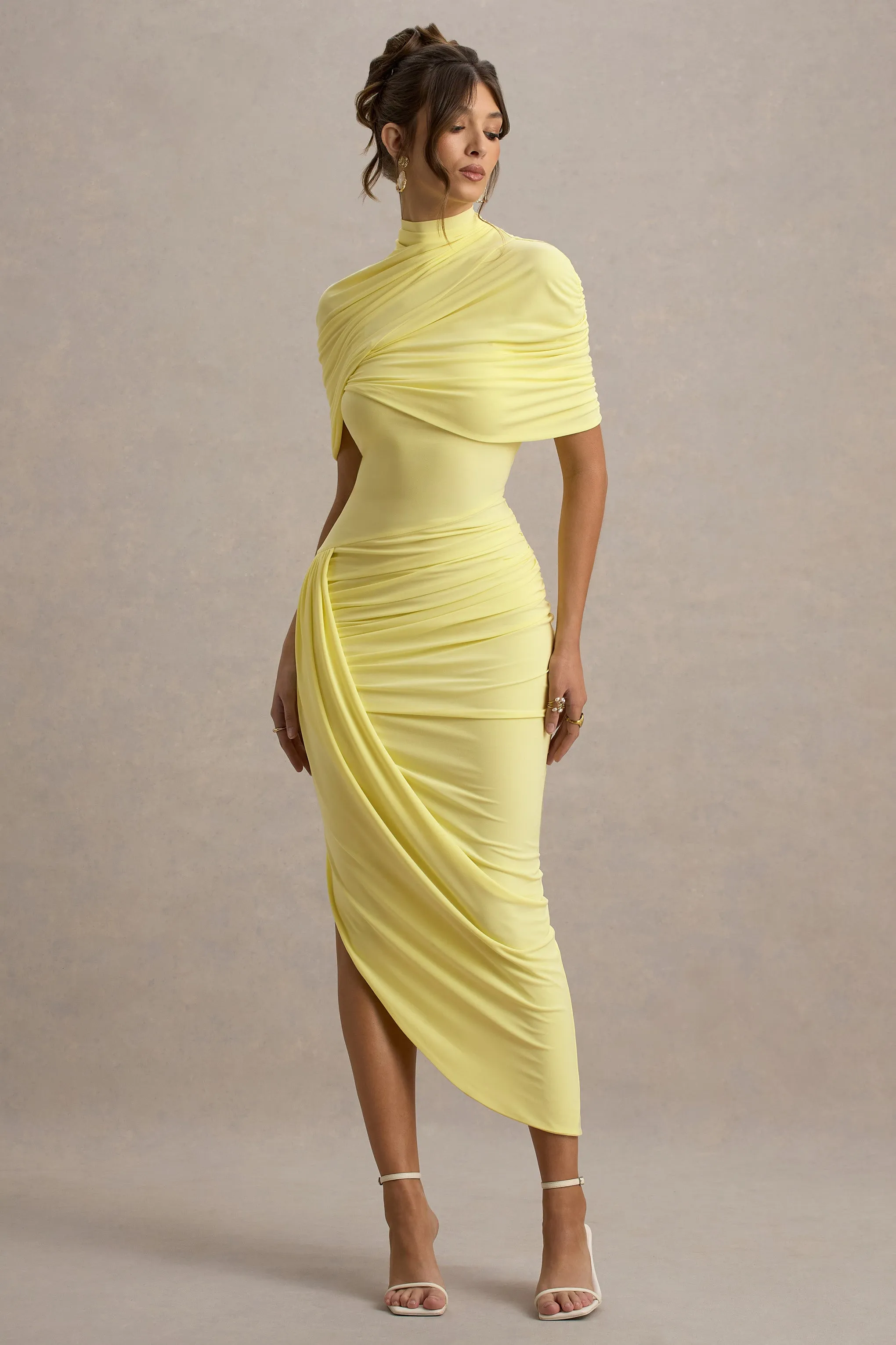 Enchant | Lemon Asymmetric Twisted Cape Maxi Dress Club L London