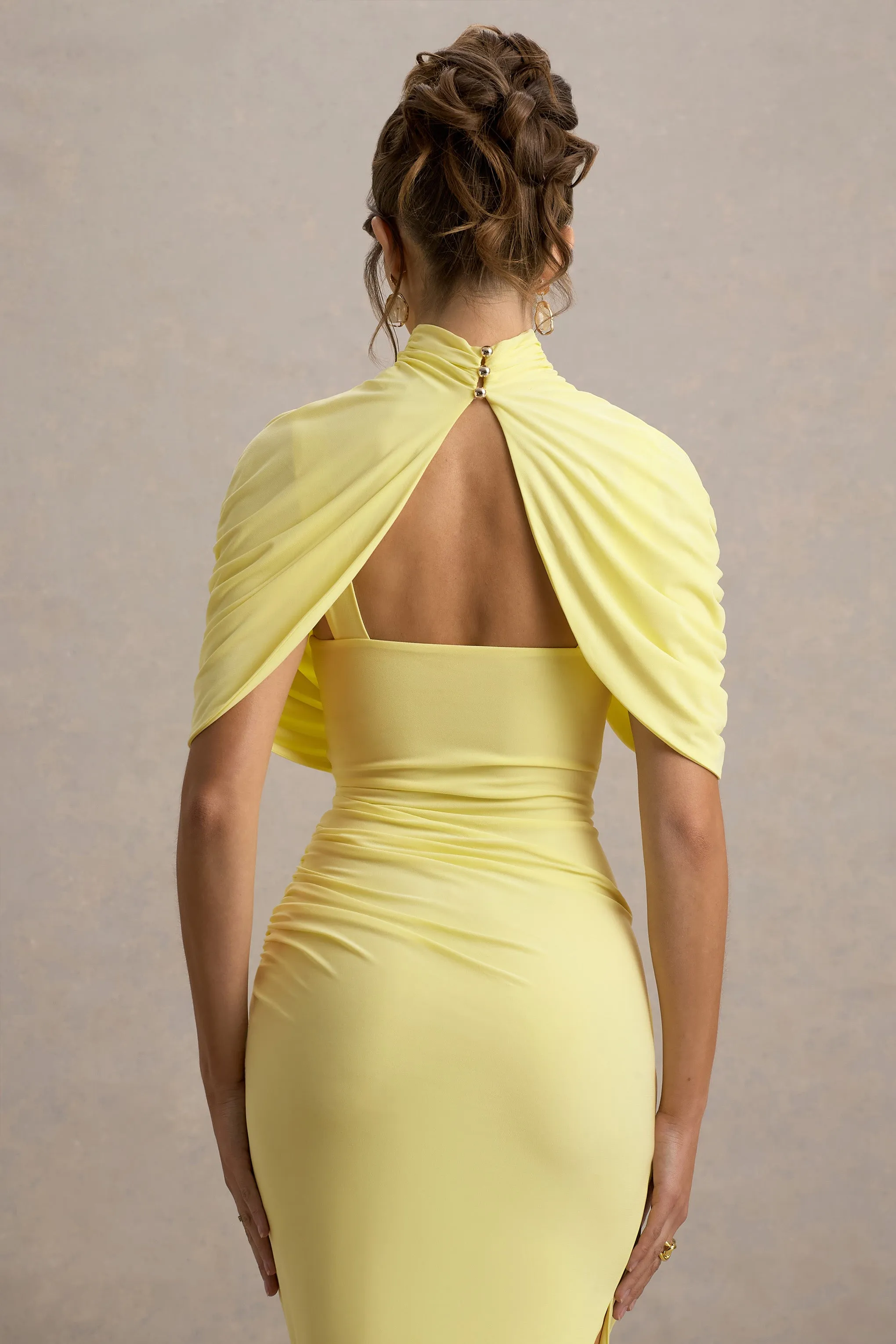 Enchant | Lemon Asymmetric Twisted Cape Maxi Dress Club L London
