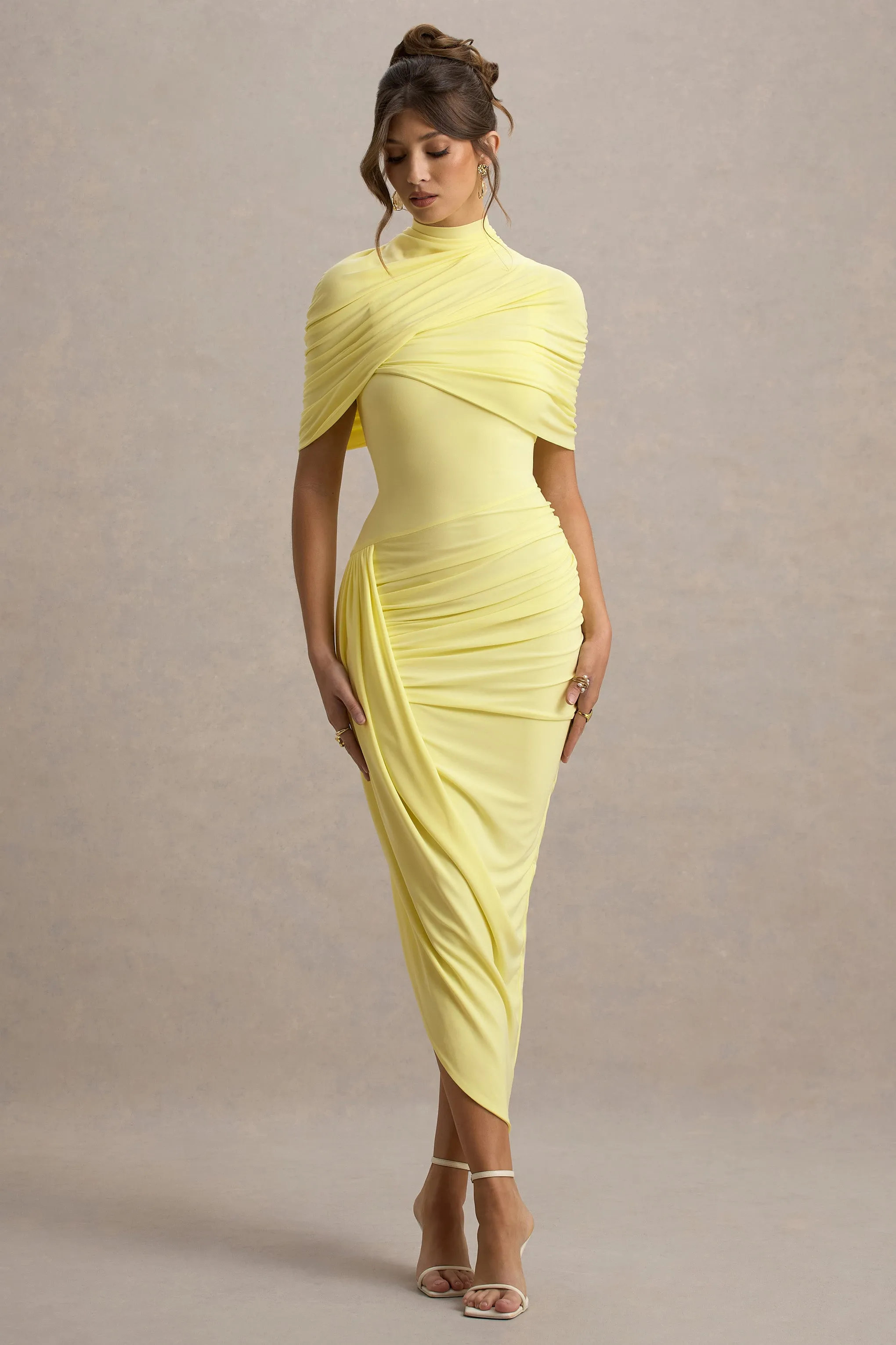 Enchant | Lemon Asymmetric Twisted Cape Maxi Dress Club L London