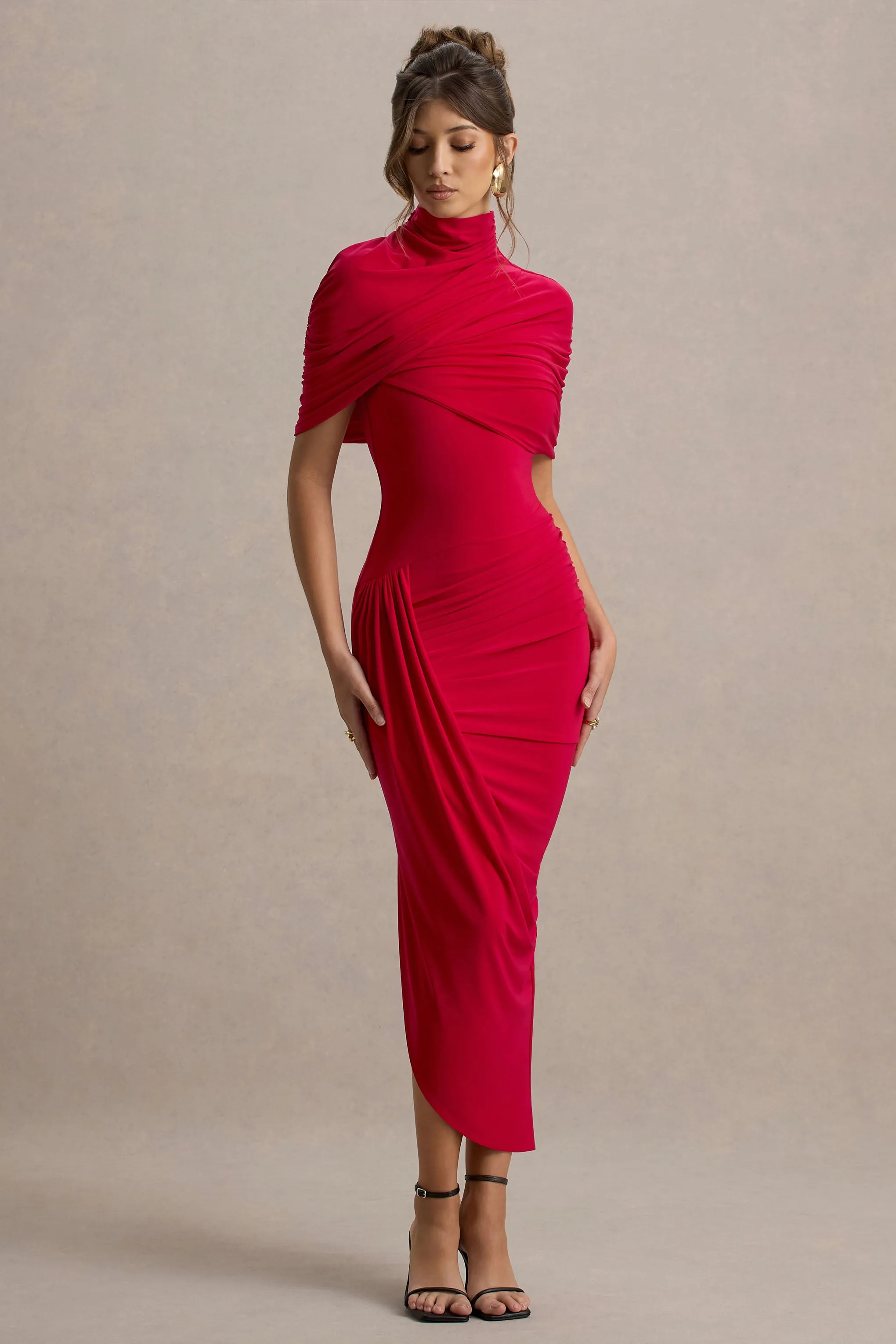 Enchant | Red Asymmetric Twisted Cape Maxi Dress Club L London