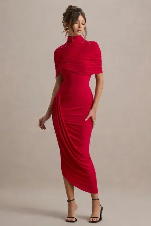 Enchant | Red Asymmetric Twisted Cape Maxi Dress Club L London