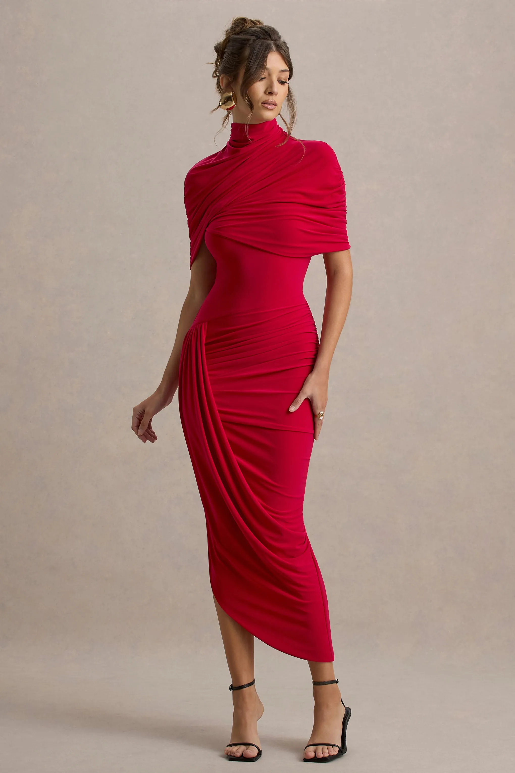 Enchant | Red Asymmetric Twisted Cape Maxi Dress Club L London