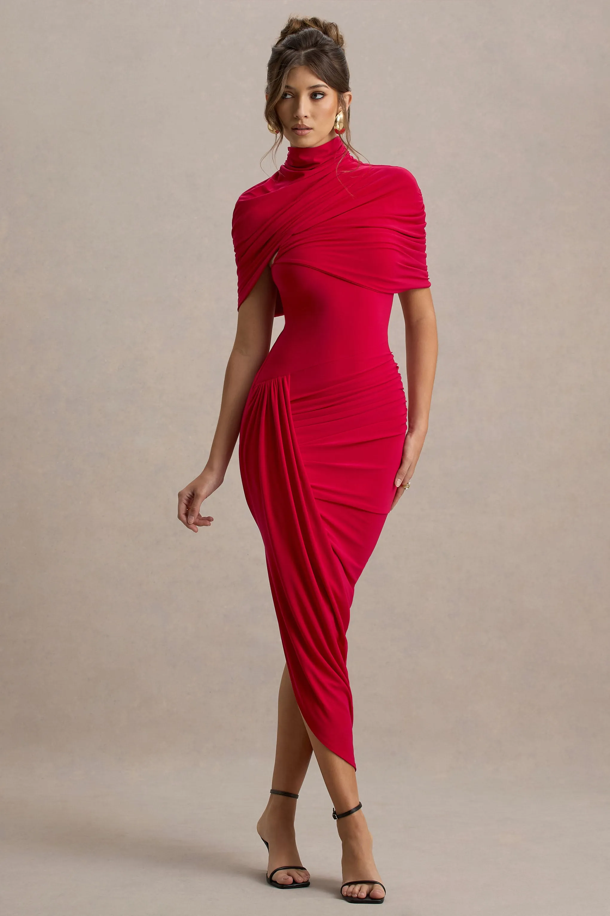 Enchant | Red Asymmetric Twisted Cape Maxi Dress Club L London