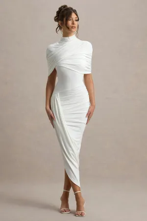 Enchant | White Asymmetric Twisted Cape Maxi Dress Club L London