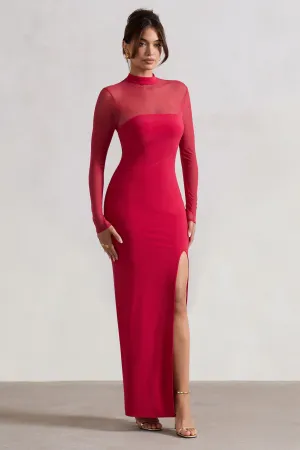Enchantress | Red High-Neck Split Maxi Dress With Mesh Sleeves Club L London