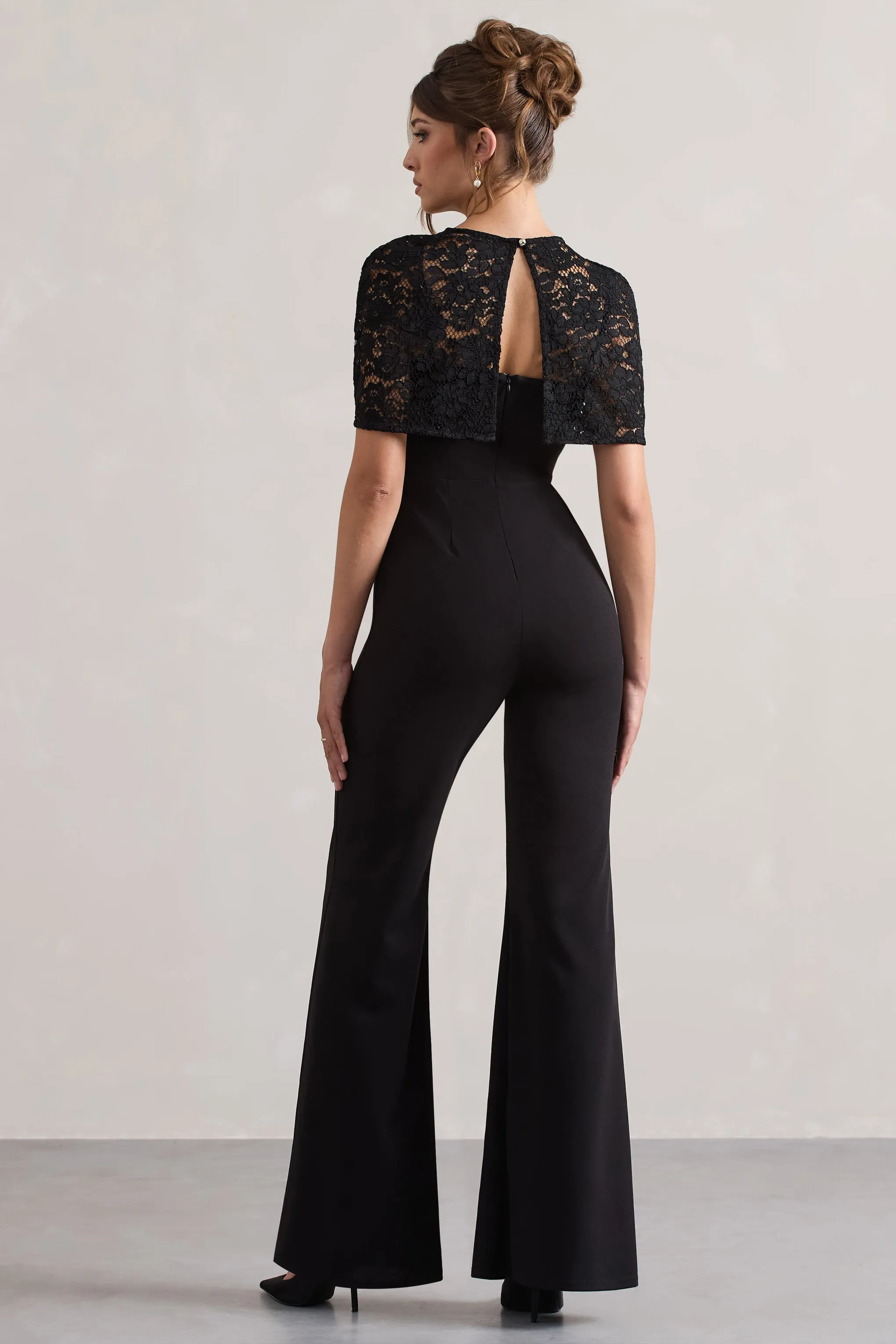 Endless | Black Flared-Leg Jumpsuit With Lace Overlay Club L London