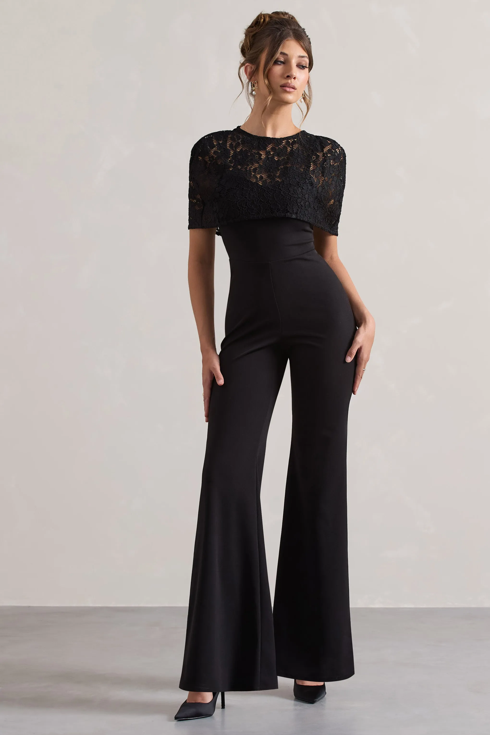 Endless | Black Flared-Leg Jumpsuit With Lace Overlay Club L London