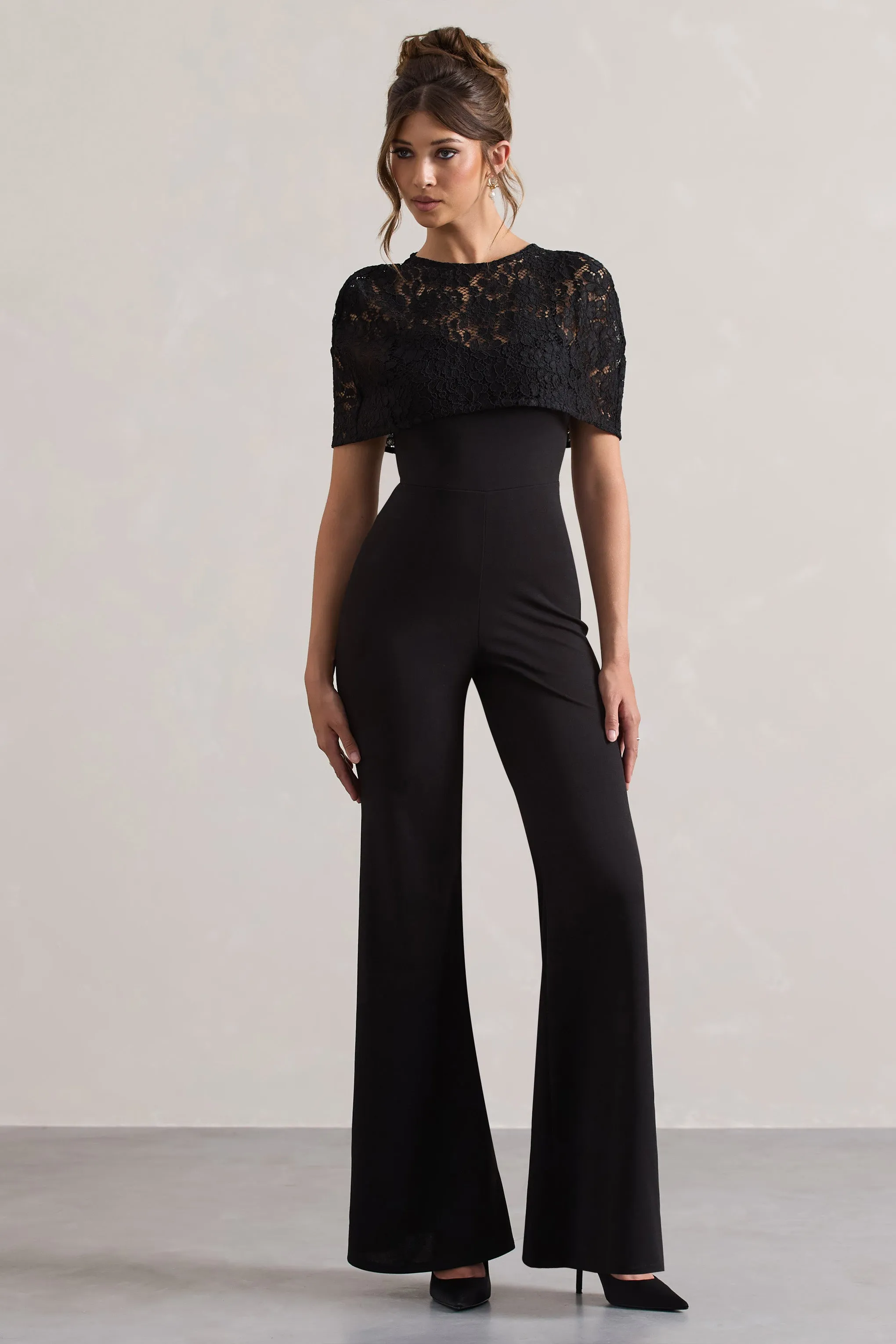 Endless | Black Flared-Leg Jumpsuit With Lace Overlay Club L London