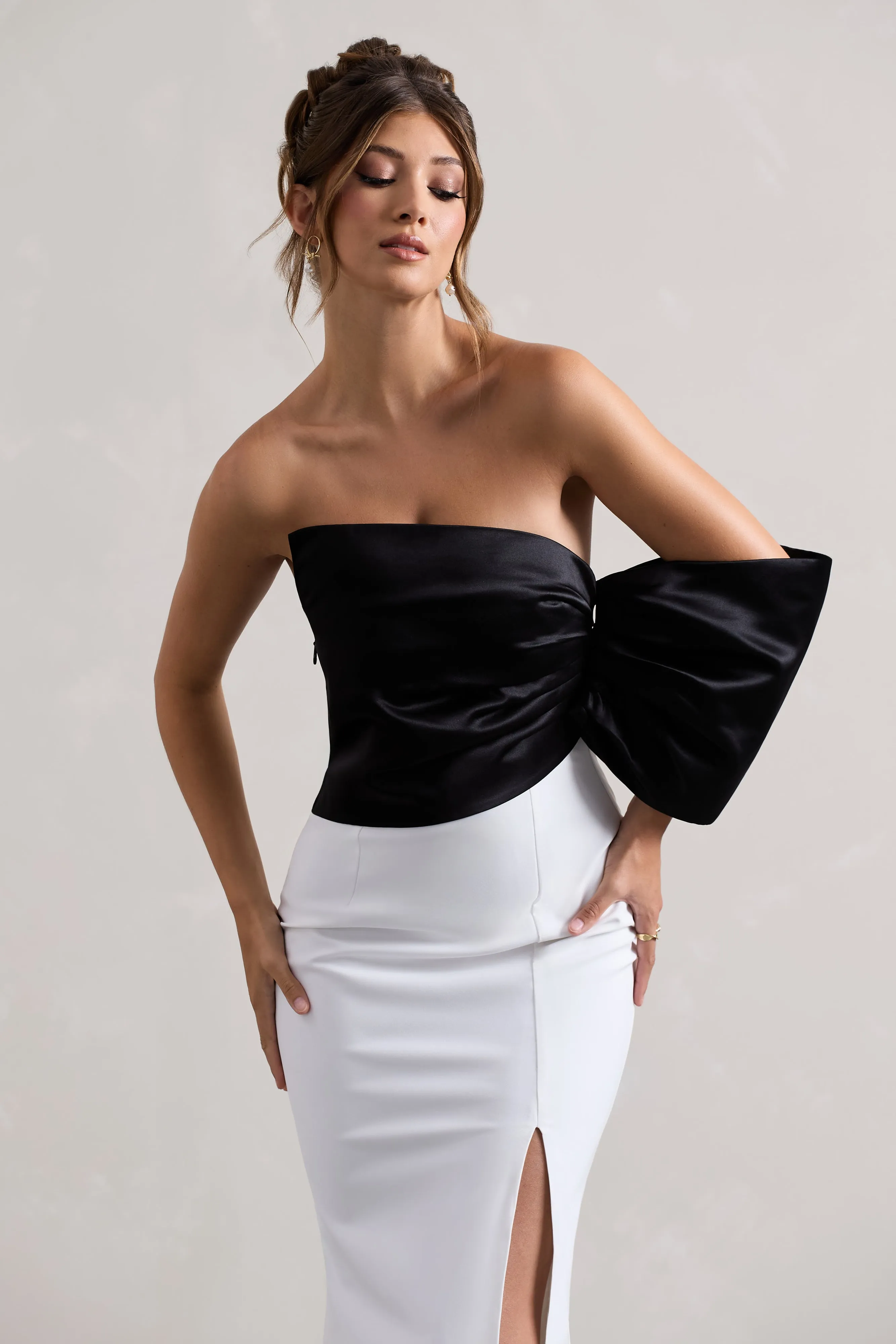 Envision | Black & White Asymmetric One-Sleeve Split Maxi Dress Club L London