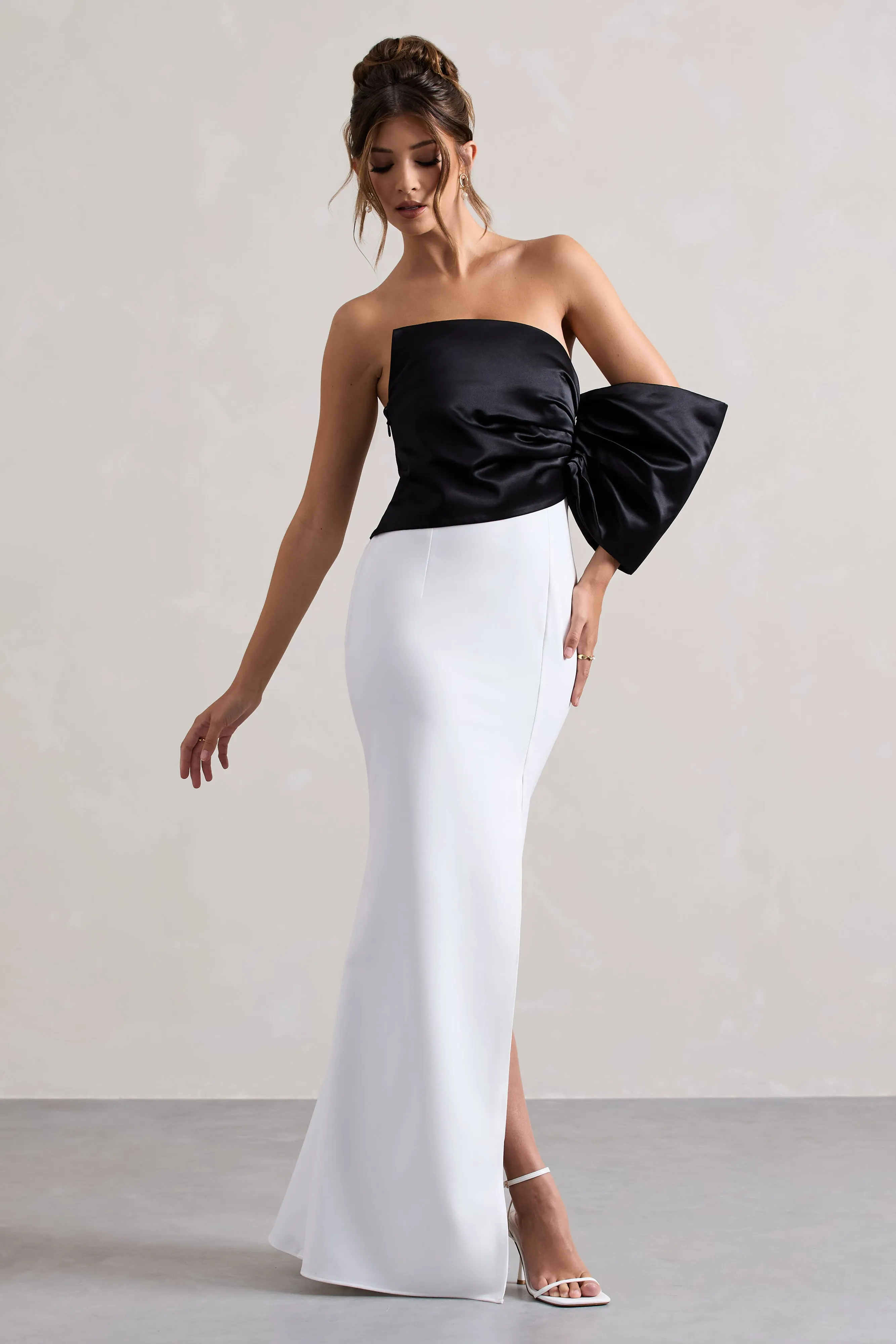 Envision | Black & White Asymmetric One-Sleeve Split Maxi Dress Club L London