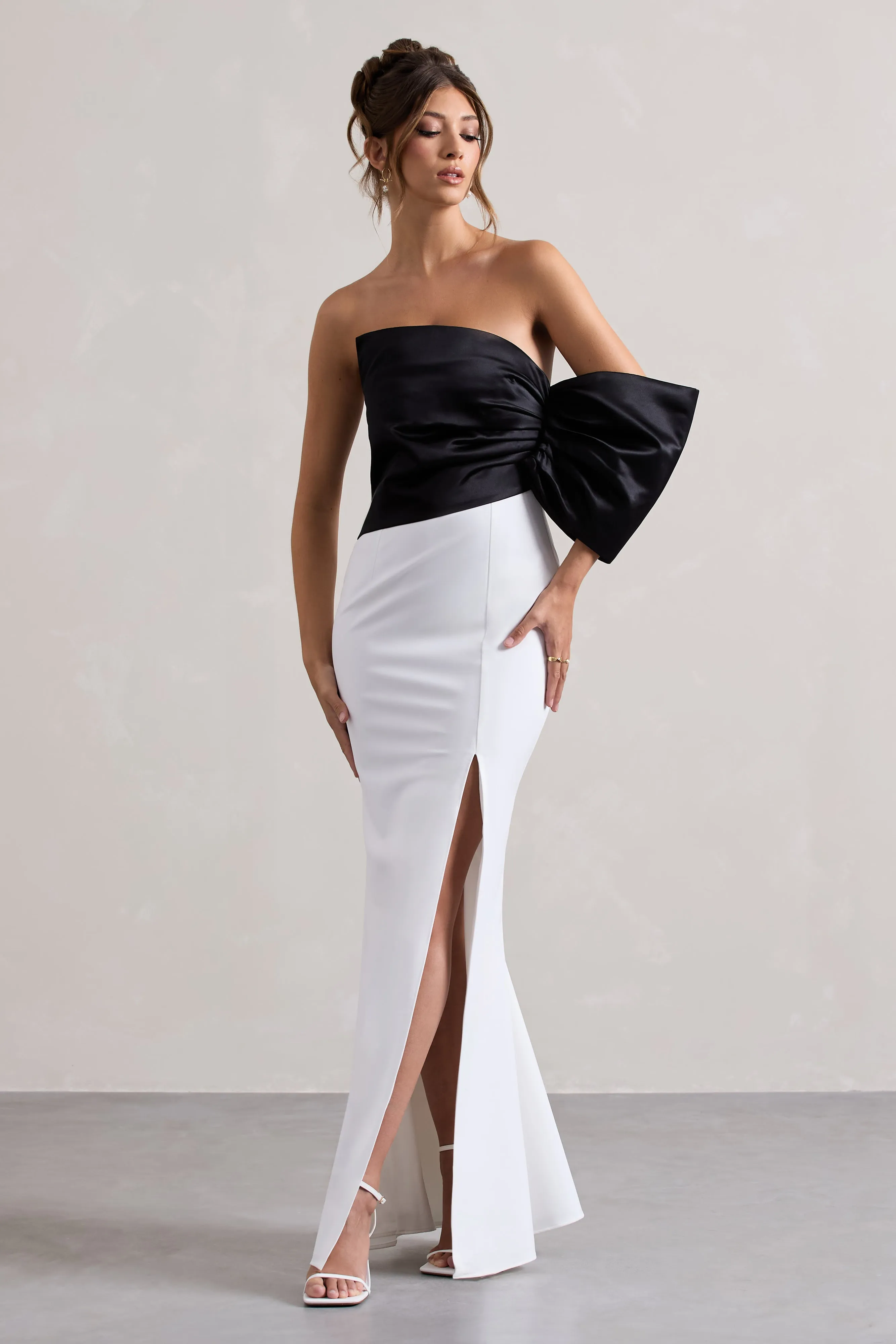 Envision | Black & White Asymmetric One-Sleeve Split Maxi Dress Club L London