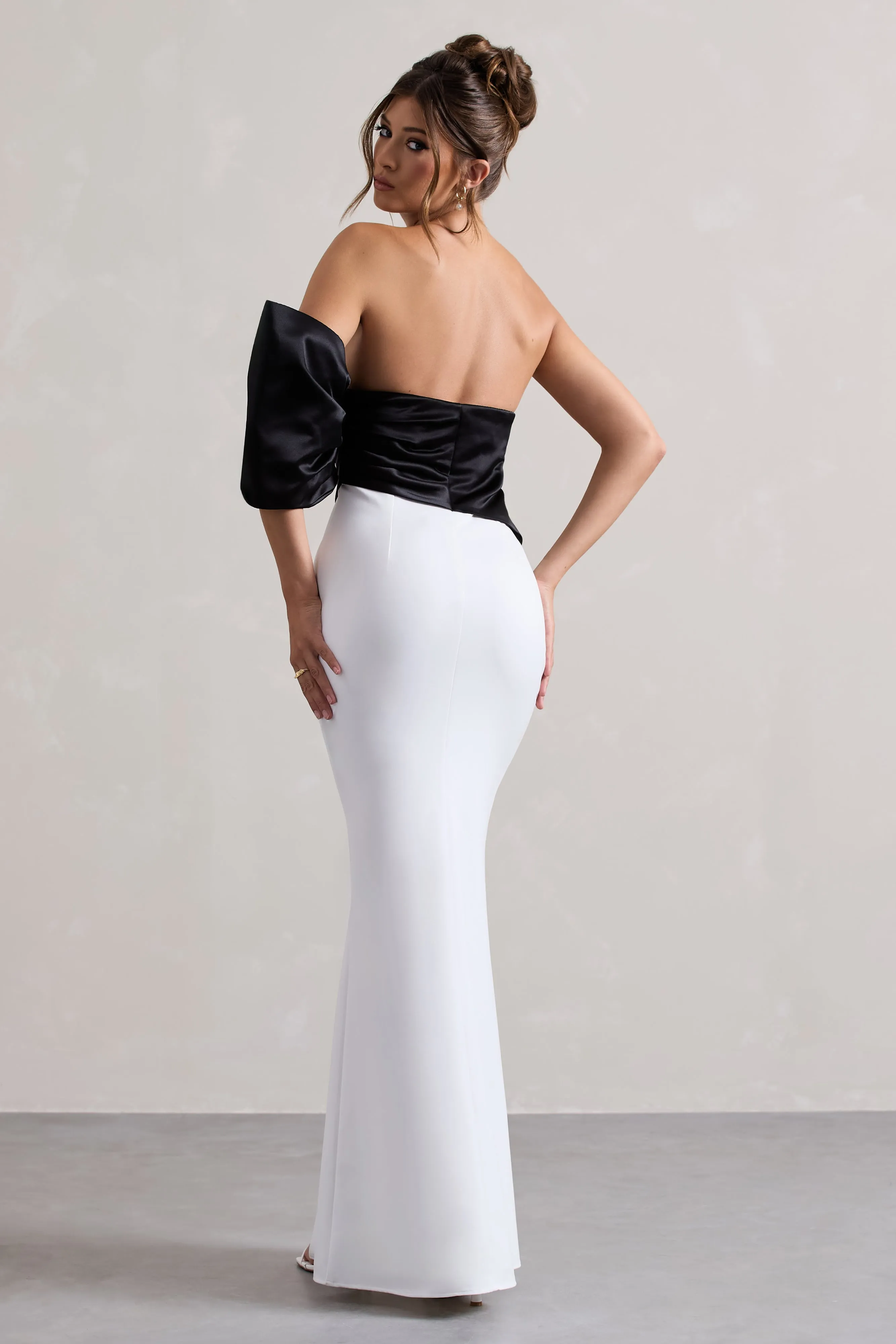 Envision | Black & White Asymmetric One-Sleeve Split Maxi Dress Club L London