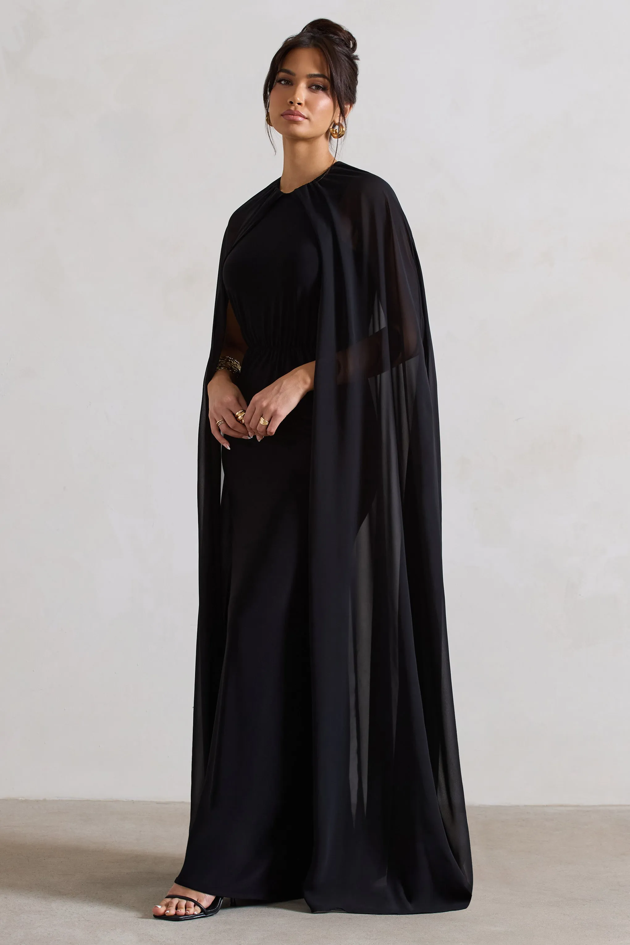 Envy | Black Gathered Maxi Dress With Chiffon Cape Club L London