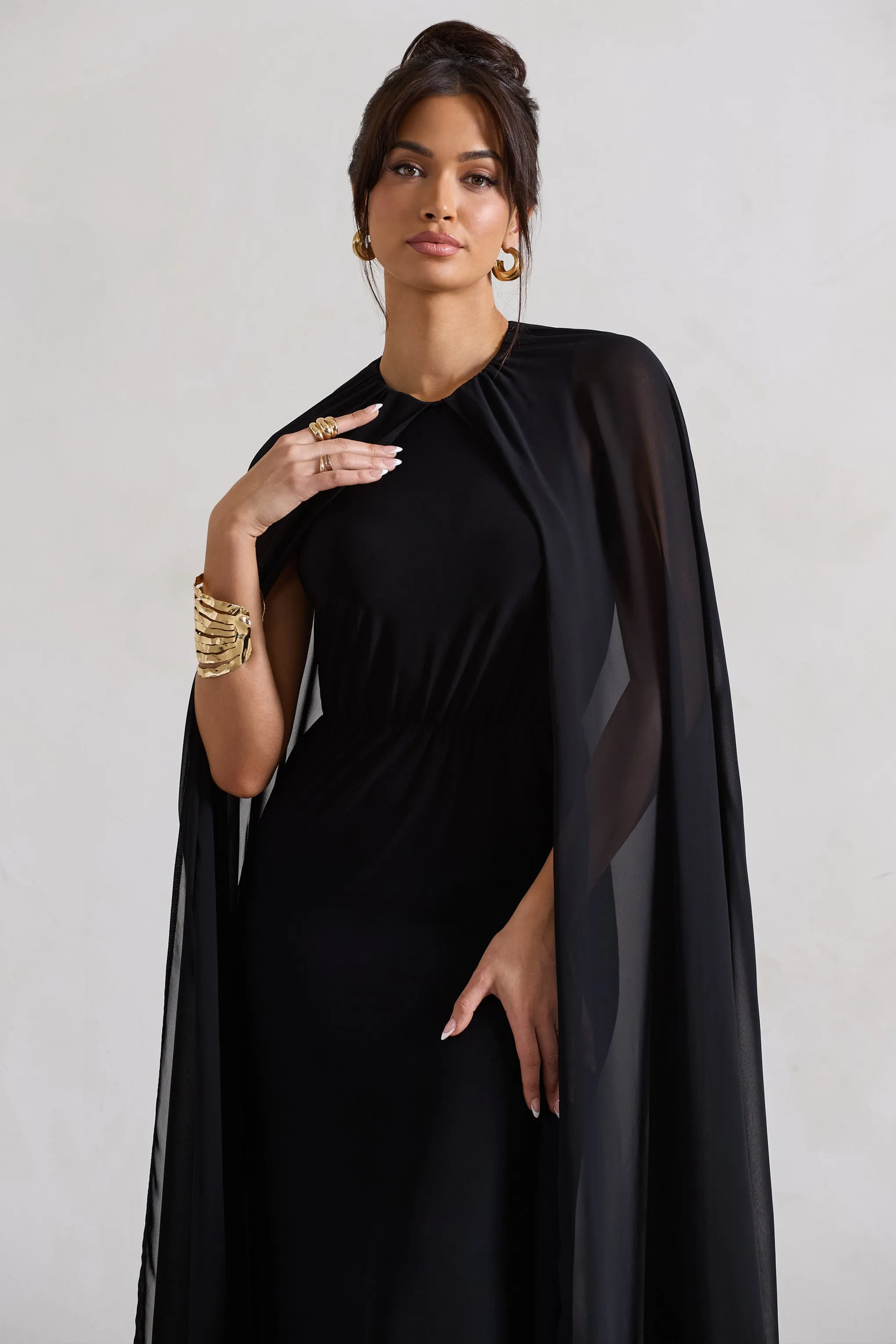 Envy | Black Gathered Maxi Dress With Chiffon Cape Club L London