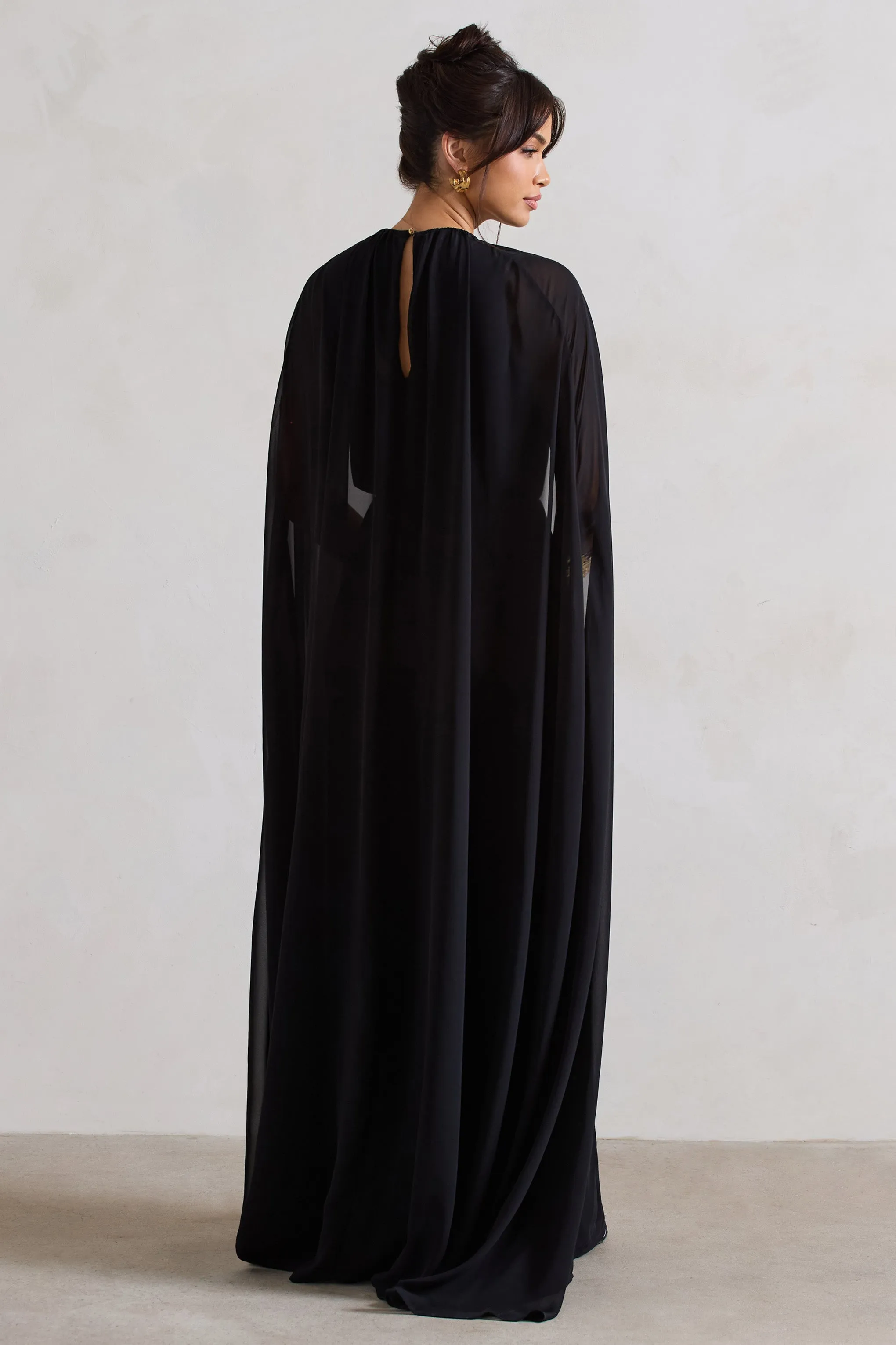 Envy | Black Gathered Maxi Dress With Chiffon Cape Club L London