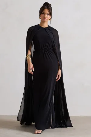 Envy | Black Gathered Maxi Dress With Chiffon Cape Club L London