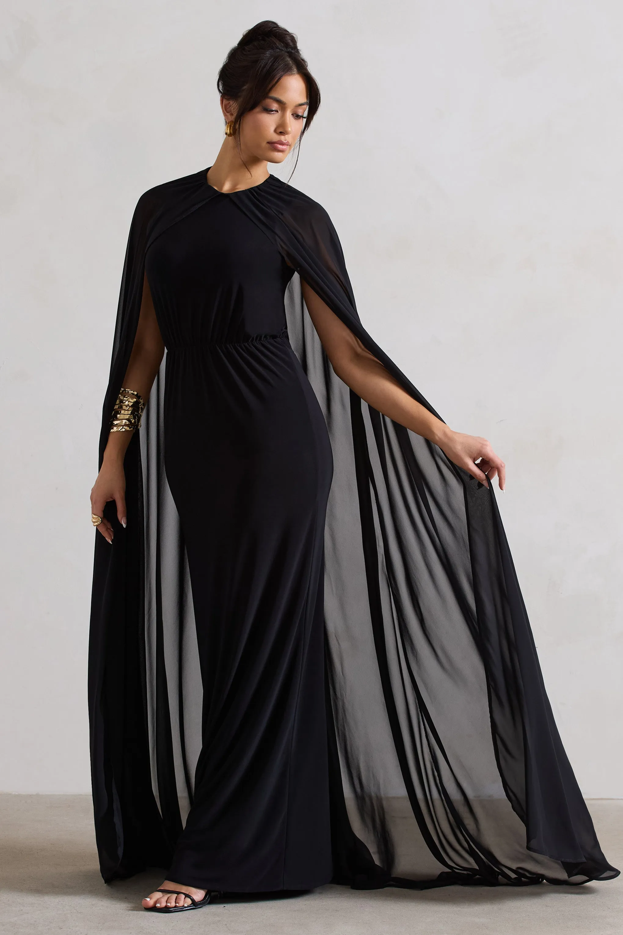 Envy | Black Gathered Maxi Dress With Chiffon Cape Club L London
