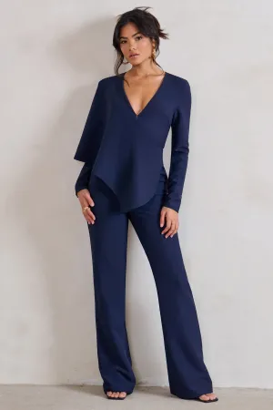Erika | Navy Plunge Jumpsuit with One-Shoulder Cape Overlay Club L London