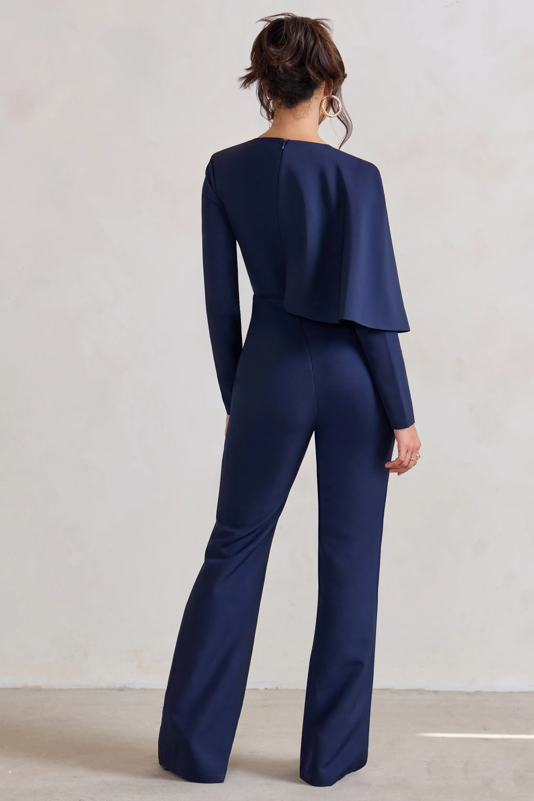 Erika | Navy Plunge Jumpsuit with One-Shoulder Cape Overlay Club L London